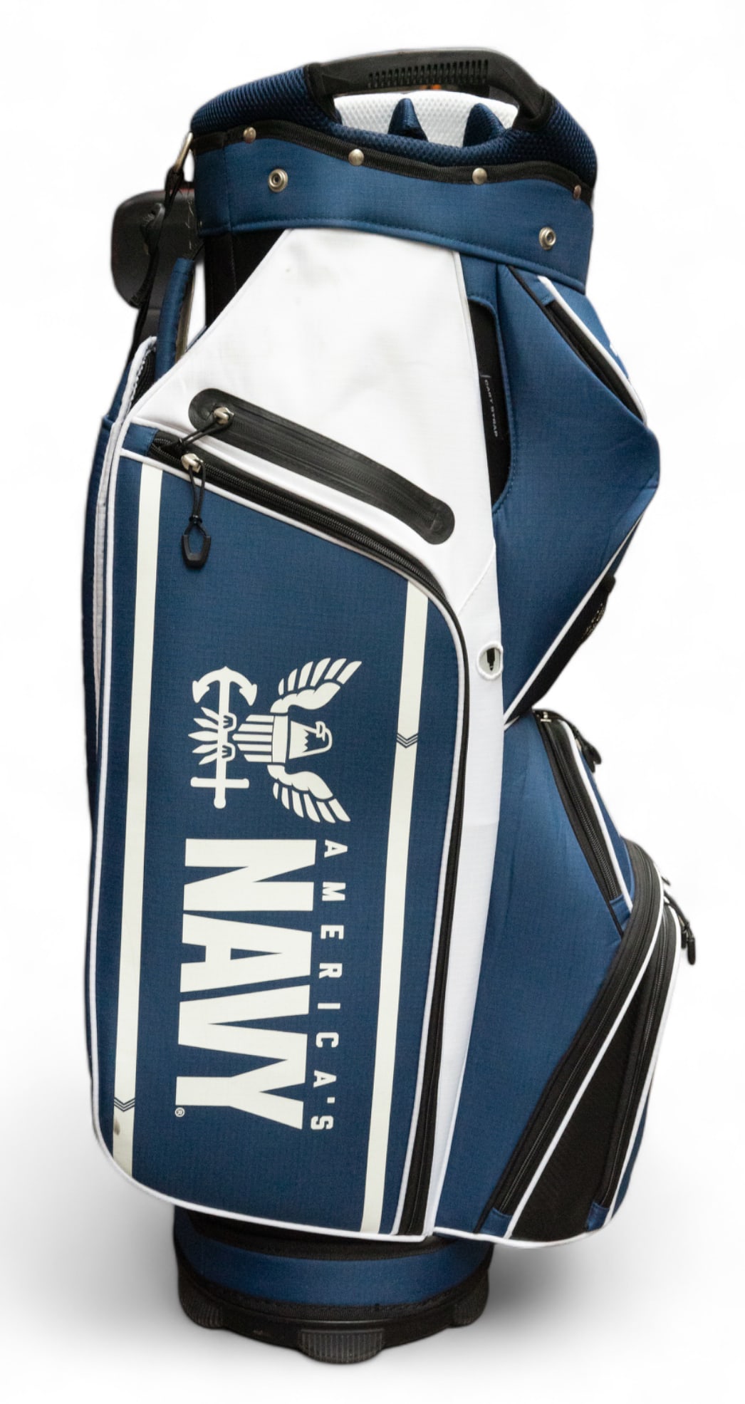 Team Effort Navy Caddie Carry Hybrid Golf Bag.: This military golf club caddie carrying case is officially licensed to display the United States Navy logos. It has a multitude of compartments, including a cooler compartment. It has some dirt smudge