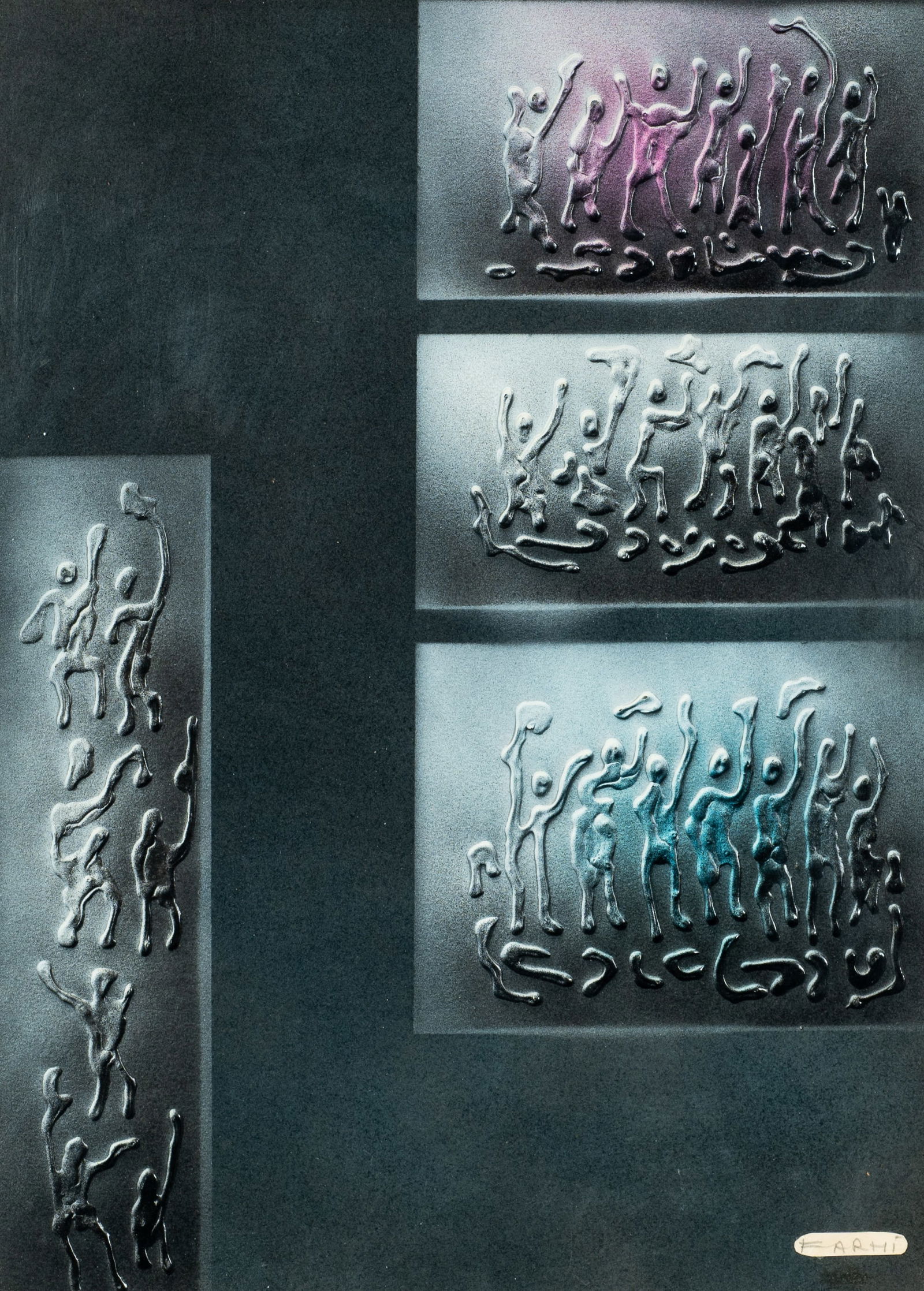 Abstract Mixed-Media Print, Jean Claude Farhi.: This mixed-media print is pencil signed on an attached piece of paper, lower right. It appears to have been glued on. It is mounted against white poster board in a scuffed blue frame. The sheet measur