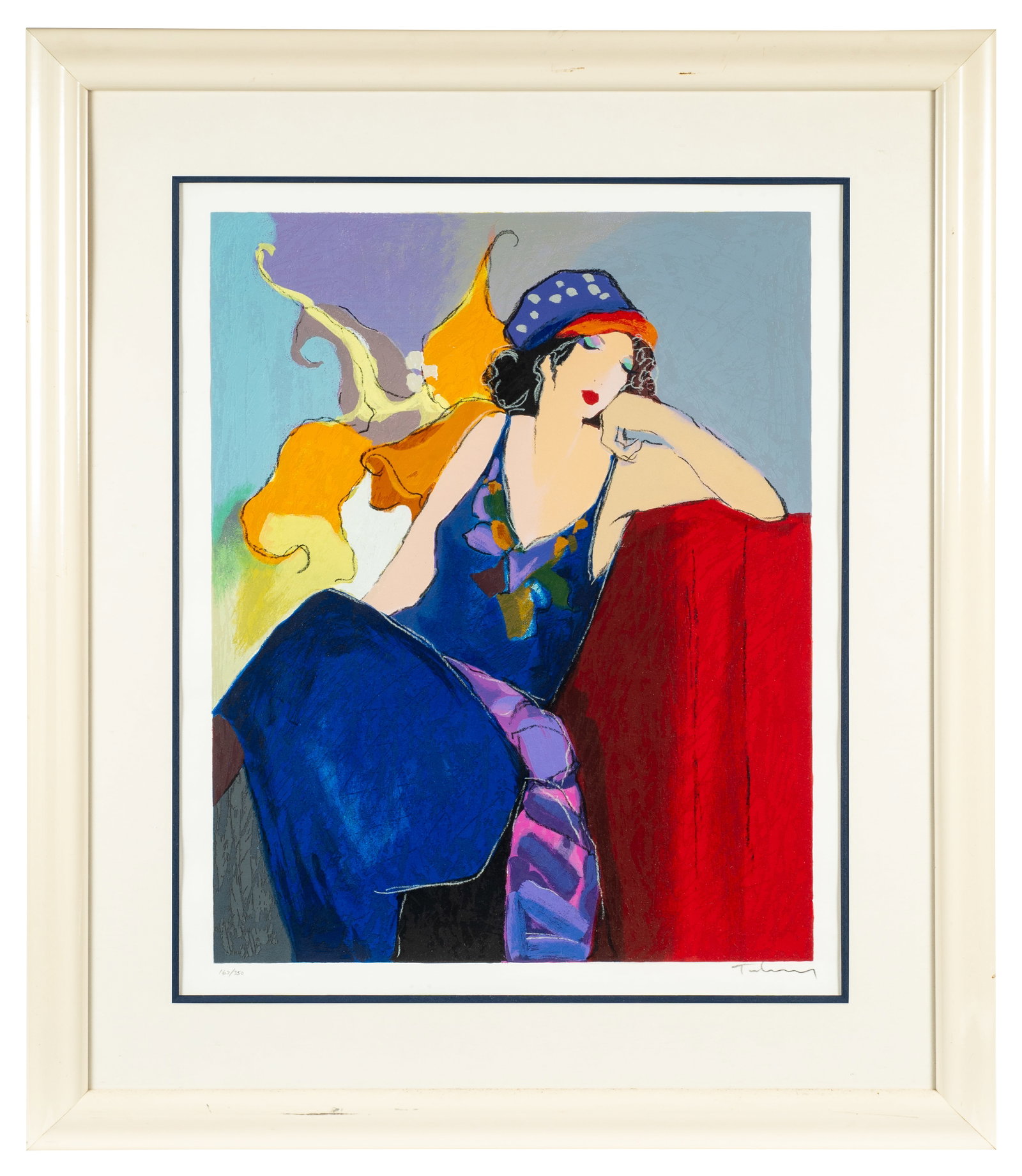 Seated Woman, Serigraph by Tarkay.: Itzchak Tarkay (Israel, 1935-2012). This serigraph on textured paper is pencil signed lower right, and numbered (167/250), lower left. It depicts a seated woman in a blue dress. The work is housed in 