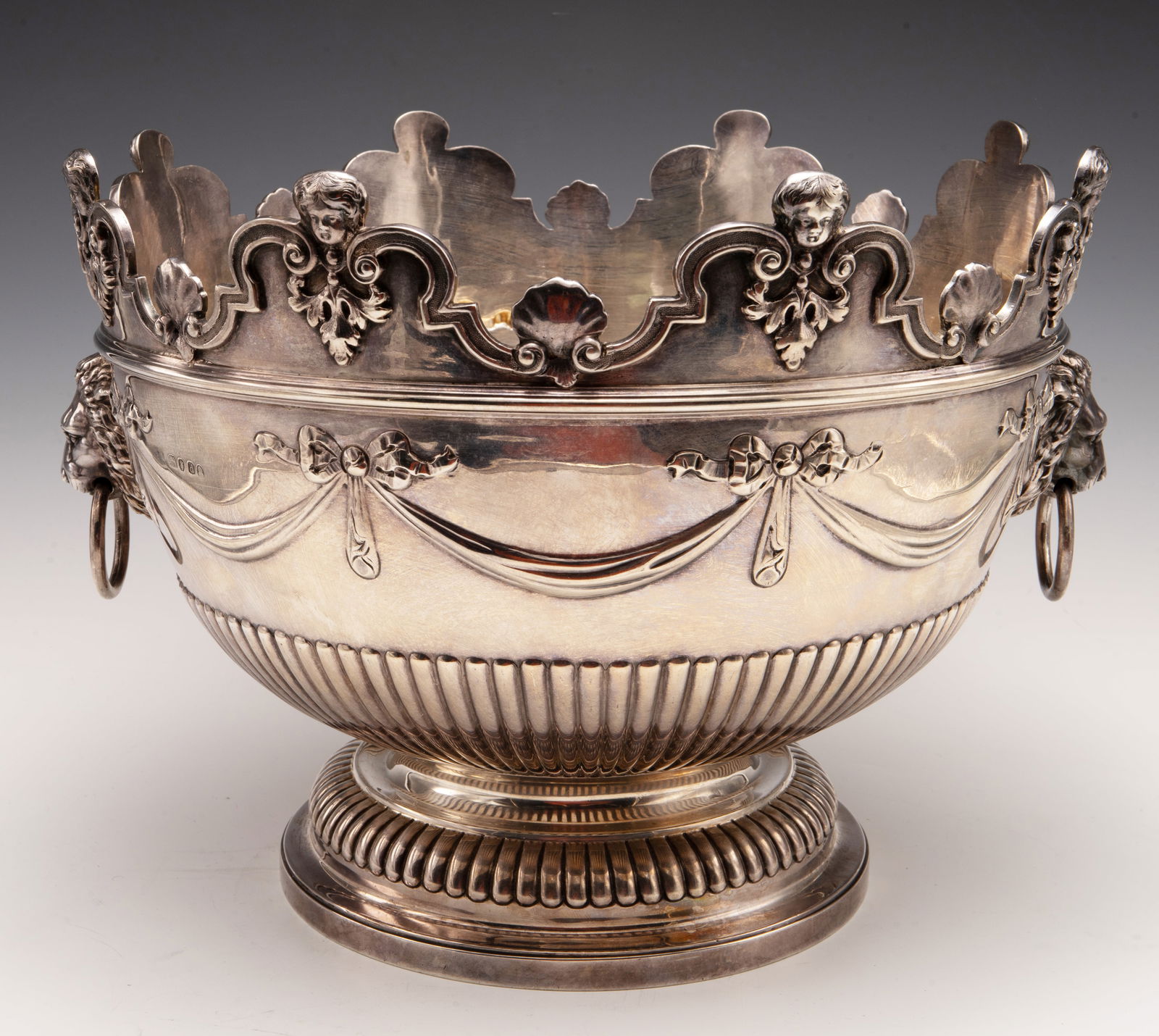 English Silver Monteith Bowl w/ Lion Head Handles. (1 of 5)