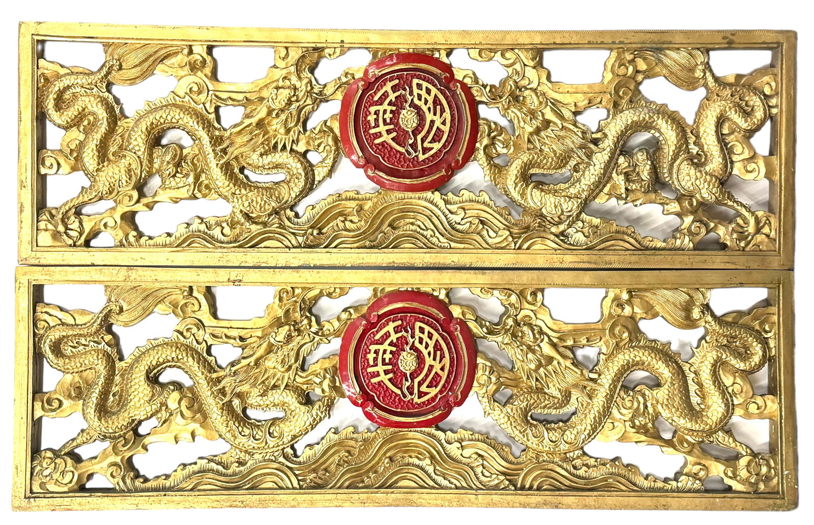 Pair of Asian Carved & Gilded Dragon Wall Panels. (1 of 2)