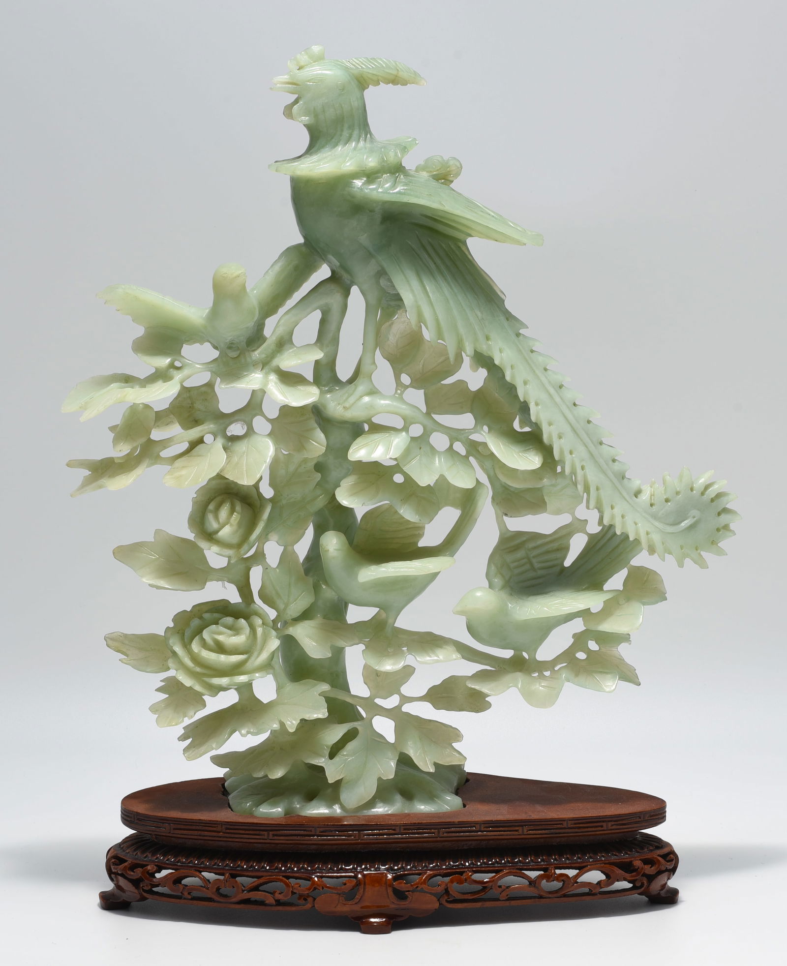Large Carved Jade Figure w/ Birds & Flowers. (1 of 3)