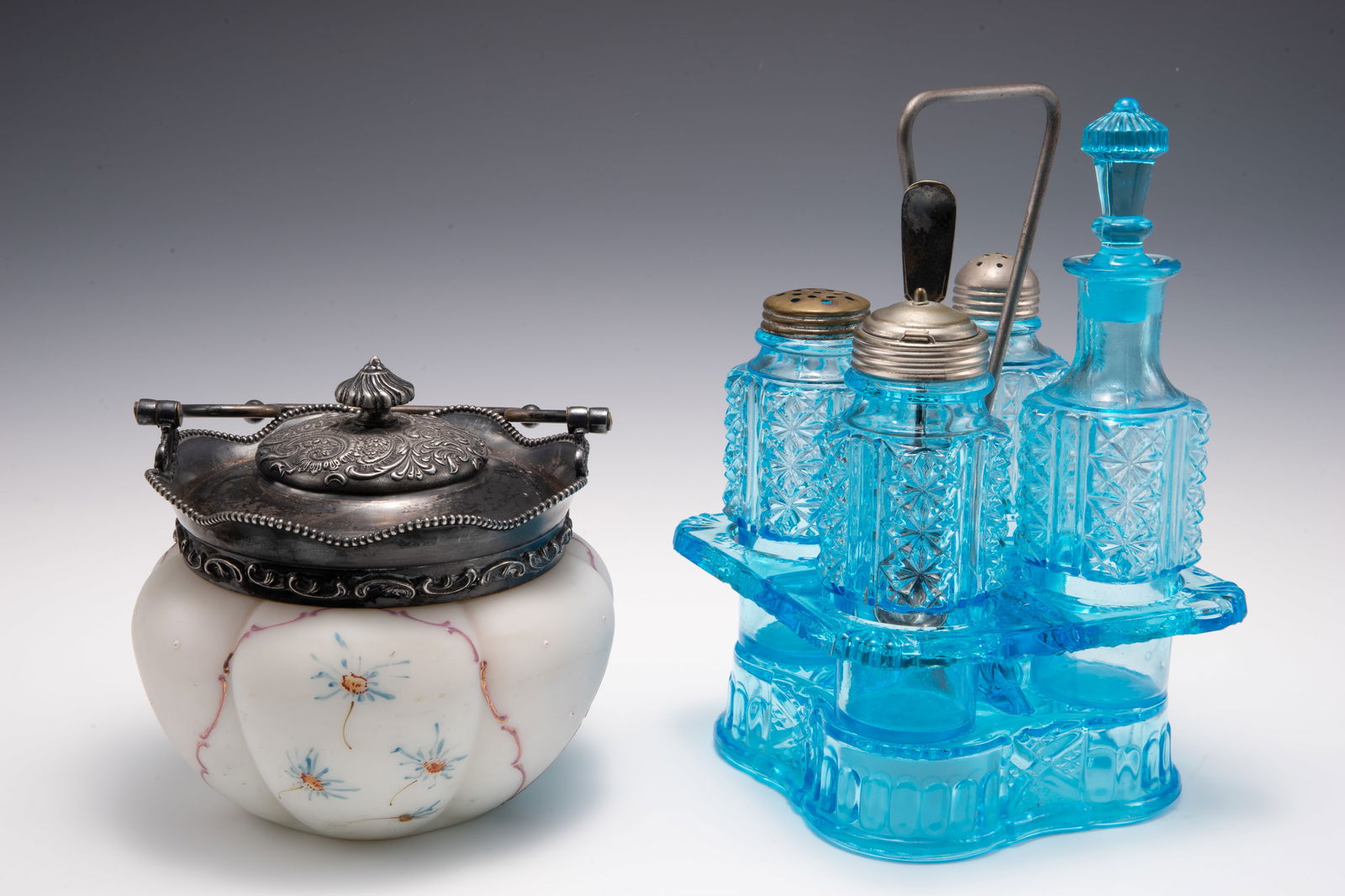 Lot: Blue Glass Castor Set, Painted Biscuit Jar. (1 of 8)