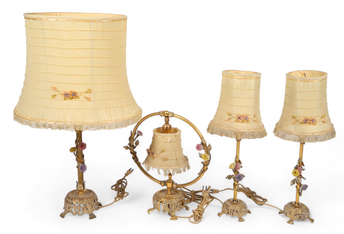 Set of 4 Gilded Lamps w/ Porcelain Flowers. (1 of 4)