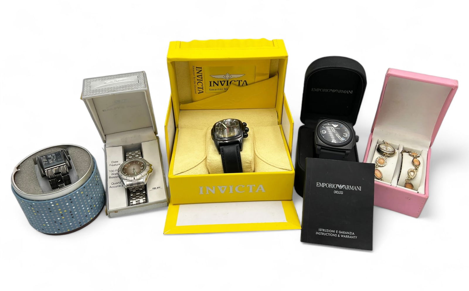Lot of 5 Watches in Boxes - Invicta, Armani, Etc.: This lot includes 5 like-new wristwatches in their original boxes. First, there is an Invicta 2469 Dragon Lupah chronograph men's watch in black. The watch measures 38mm x 44mm. Next, there is an Empo