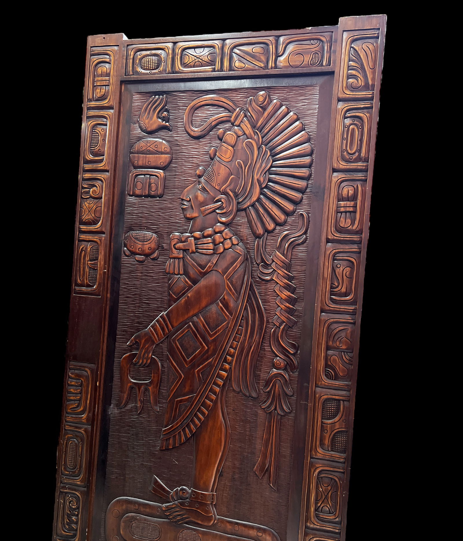 Large Carved Wood Plaque w/ Mayan Figure. (1 of 2)
