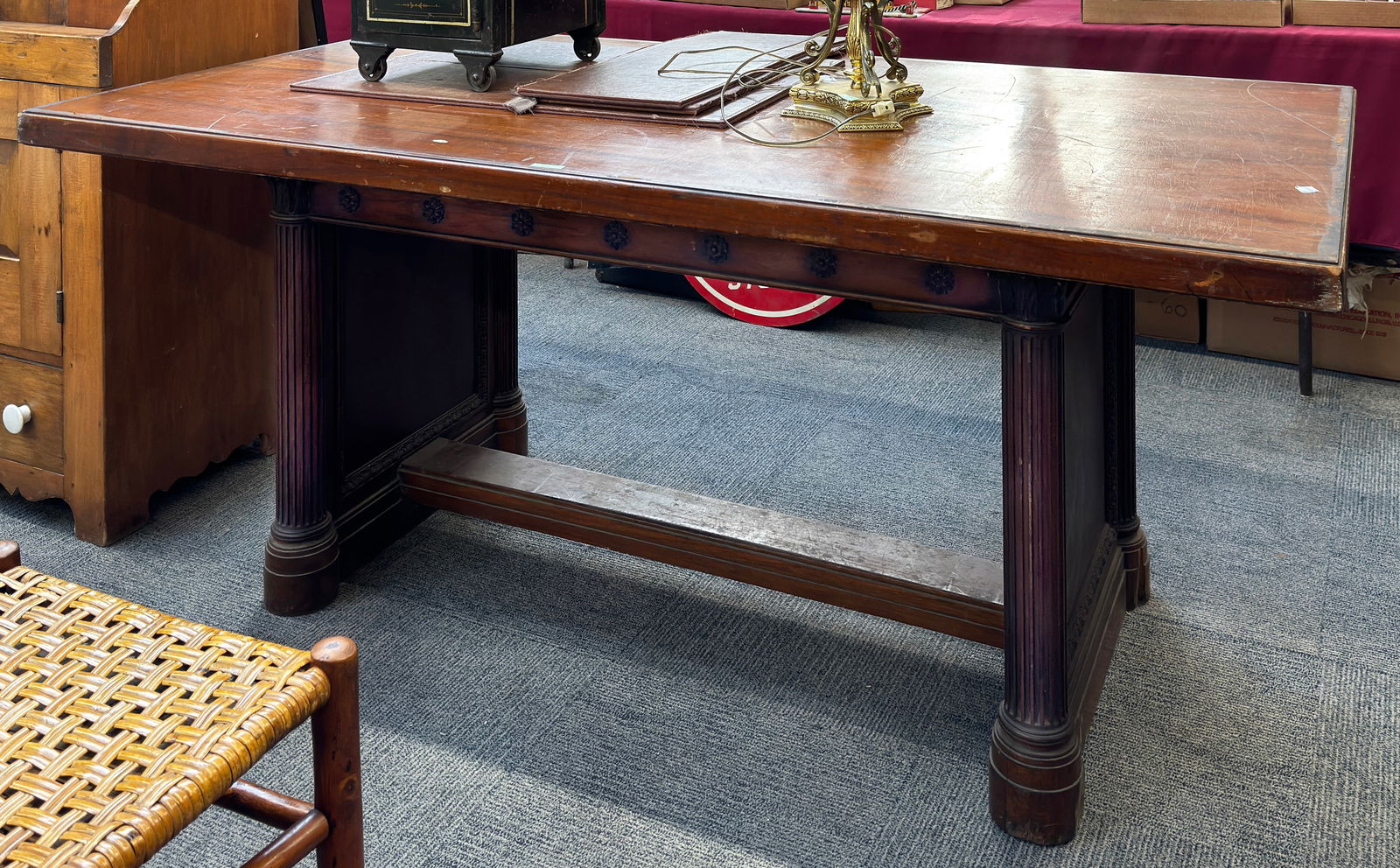 Carved Base Walnut Library Table, As Is. (1 of 1)