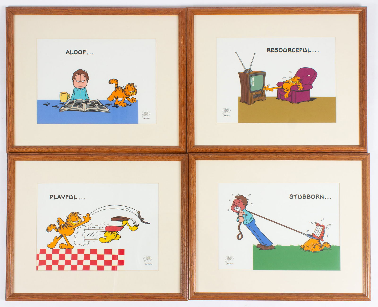 Lot of 4 Garfield Animation Serigraph Cels.: This lot contains four limited edition Tim Davis sericels: "Stubborn", "Aloof", "Playful", and "Resourceful". Each work has an attached certificate from Circle Fine Art Corporation, Chicago. They are