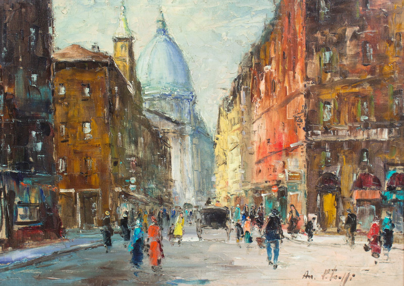 Impressionist Street Scene, Sgd. An. Patrolli.: This oil painting on board is signed lower right. It depicts a bustling Parisian street scene. The work is housed in a white-washed frame with a fabric border. There is light wear to the frame, and th