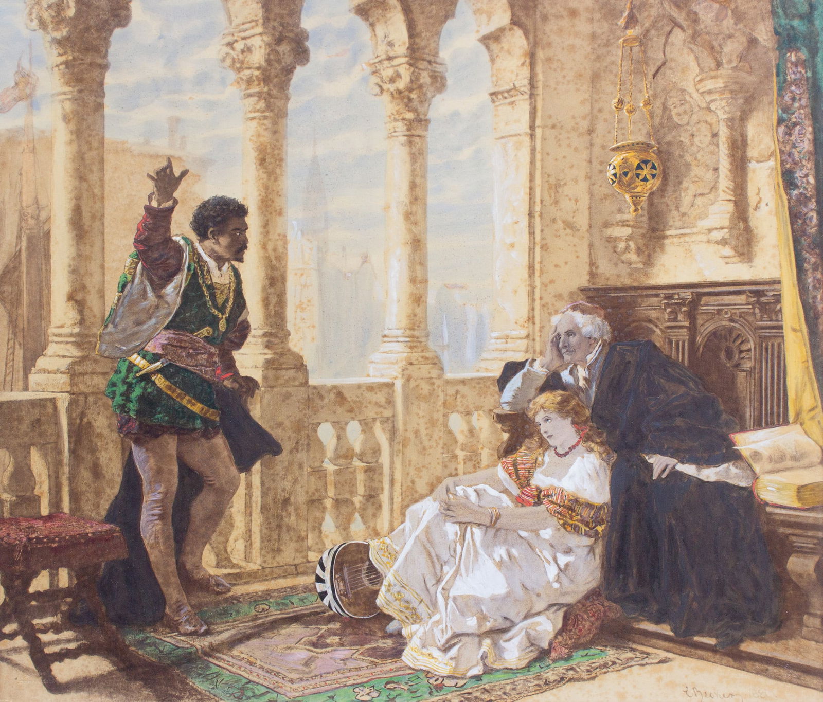 "Othello", Print After Carl Ludwig Friedrich Beck.: This gouache embellished print is after a painting originally by Carl (Karl) Ludwig Friedrich Becker (German, 1820-1900). The work is housed in a gilt frame with a green border. The image has consiste