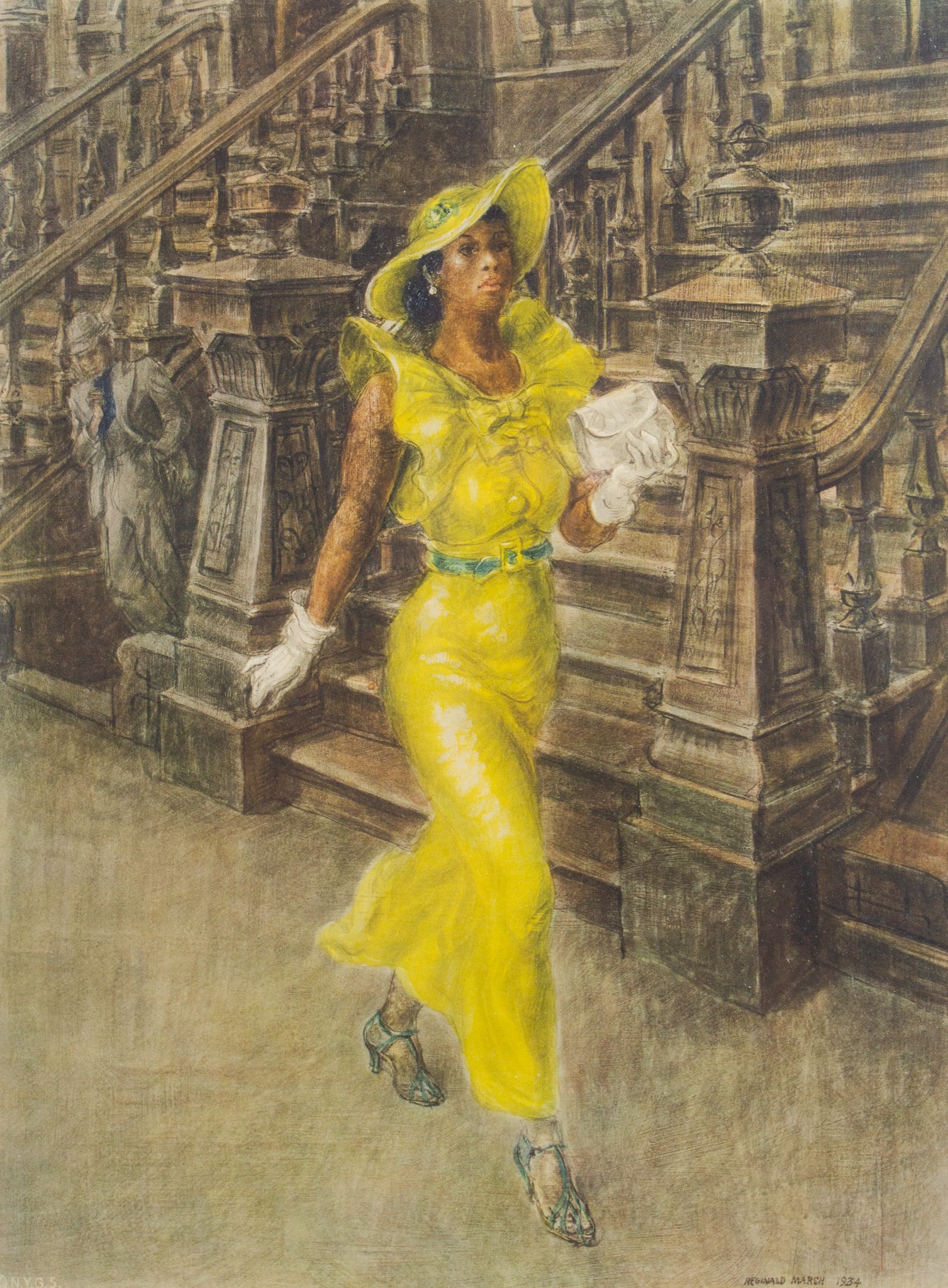 Print of "High Yaller" by Reginald Marsh.: Reginald Marsh (America, 1898-1954). This color lithograph is signed in-print, lower right. It was printed by the New York Graphic Society, as signified lower left. The work is housed in a wooden fram
