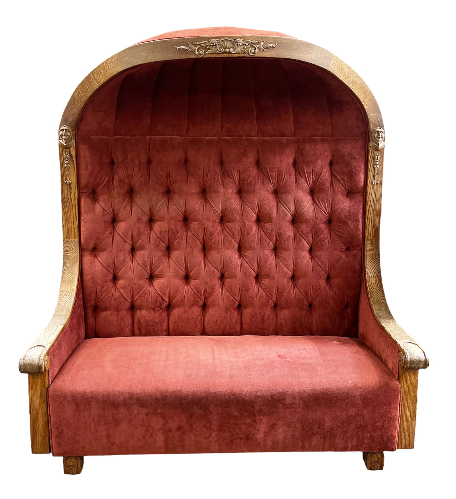 Unusual Carved Oak Canopy Settee w/ Carved Faces. (1 of 3)