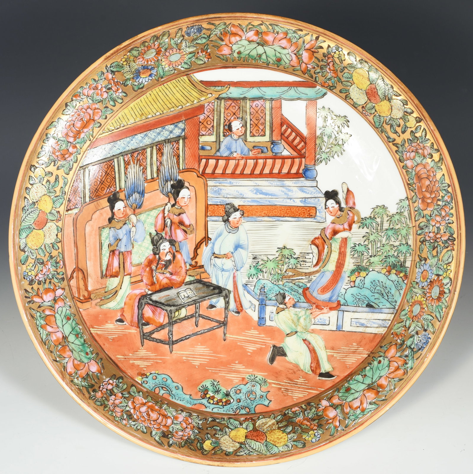 Chinese Famille Rose Handpainted Plate w/Figures.: It comes with a Tag from Hamilton House IV, Limited, which describes it as a 12" Service Plate, with a Canton Rose Finish. The Plate is in Good Overall Condition. In-House Shipping is Available. Pleas