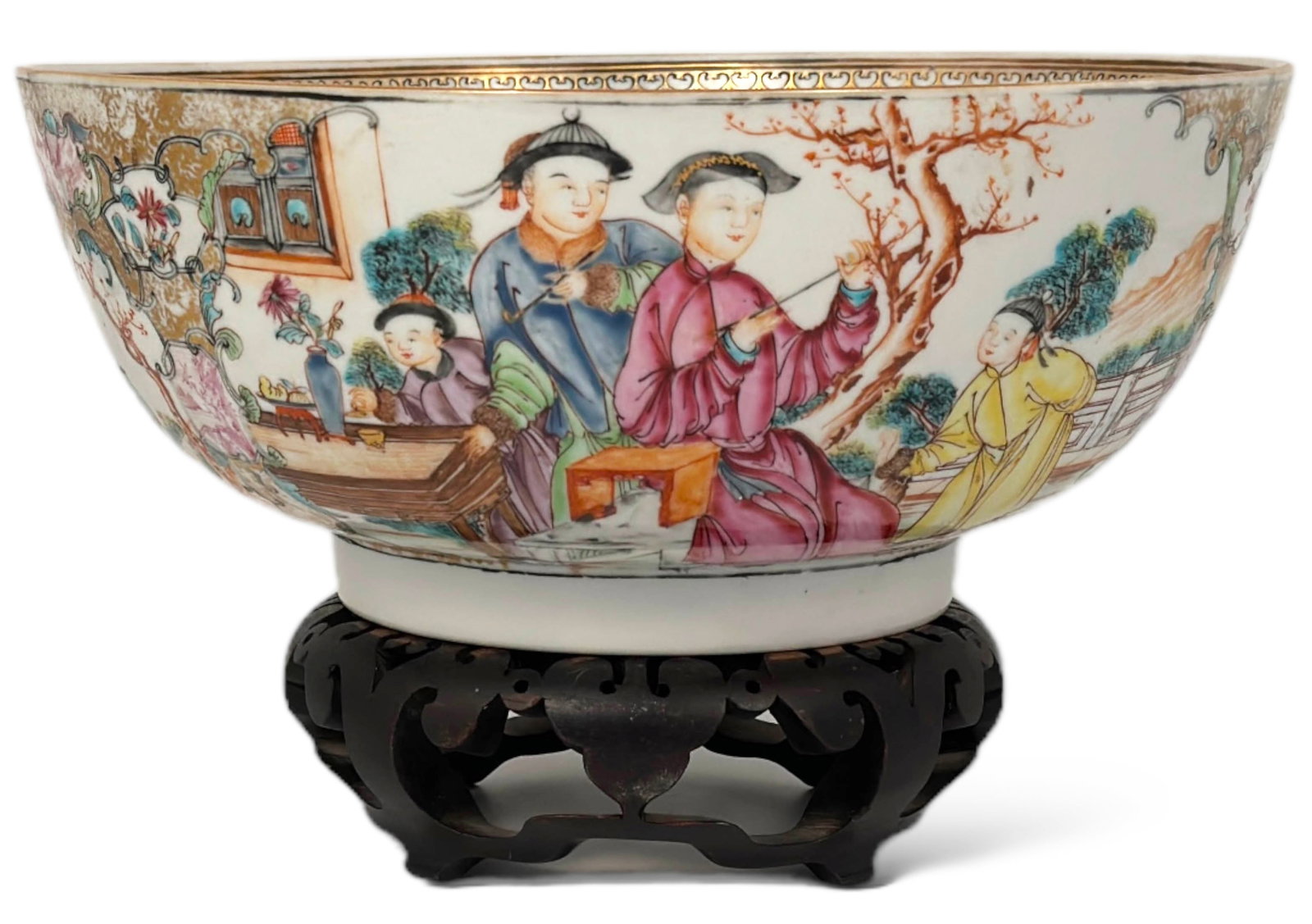 Large Old Chinese Handpainted Porcelain Bowl.: The Bowl comes with a Carved Wood Stand. The Bowl has some wear to use, a 3" hairline crack on its side, a small chip on its rim, and a large chicken foot crack on its bottom. It measures 4 7/8" tall 