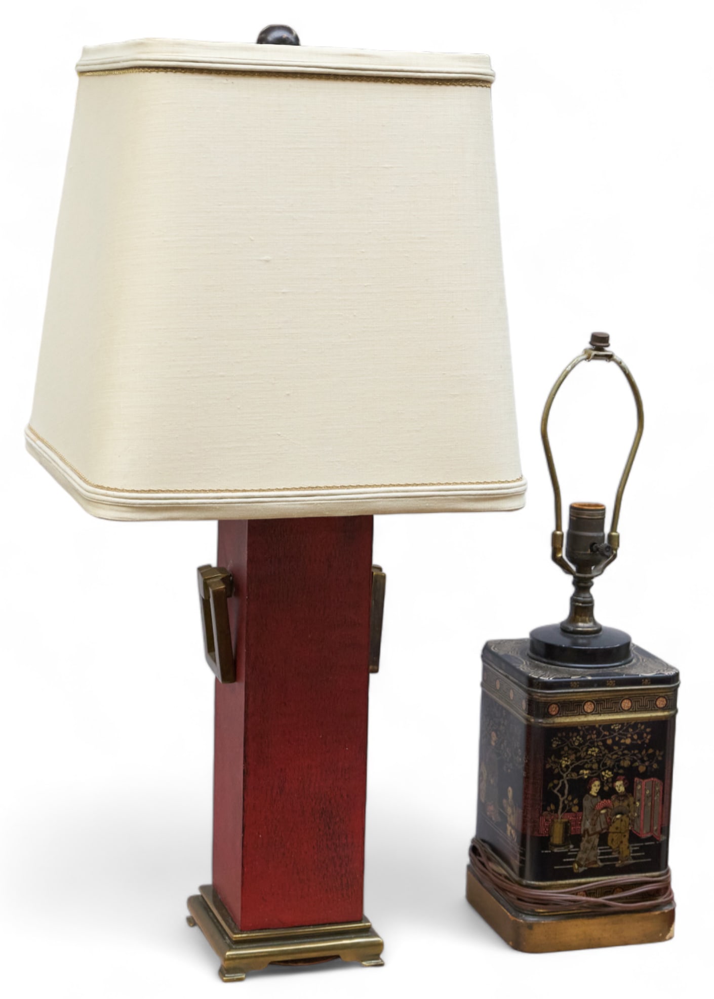 Lot of 2 Lamps - Frederick Cooper & Paul Hanson: The smaller tea canister lamp is by Frederick Cooper. It has more surface wear than the larger lamp, which is by Paul Hanson. The Mid-Century Paul Hanson lamp measures 31 1/2" tall, with the shade mea