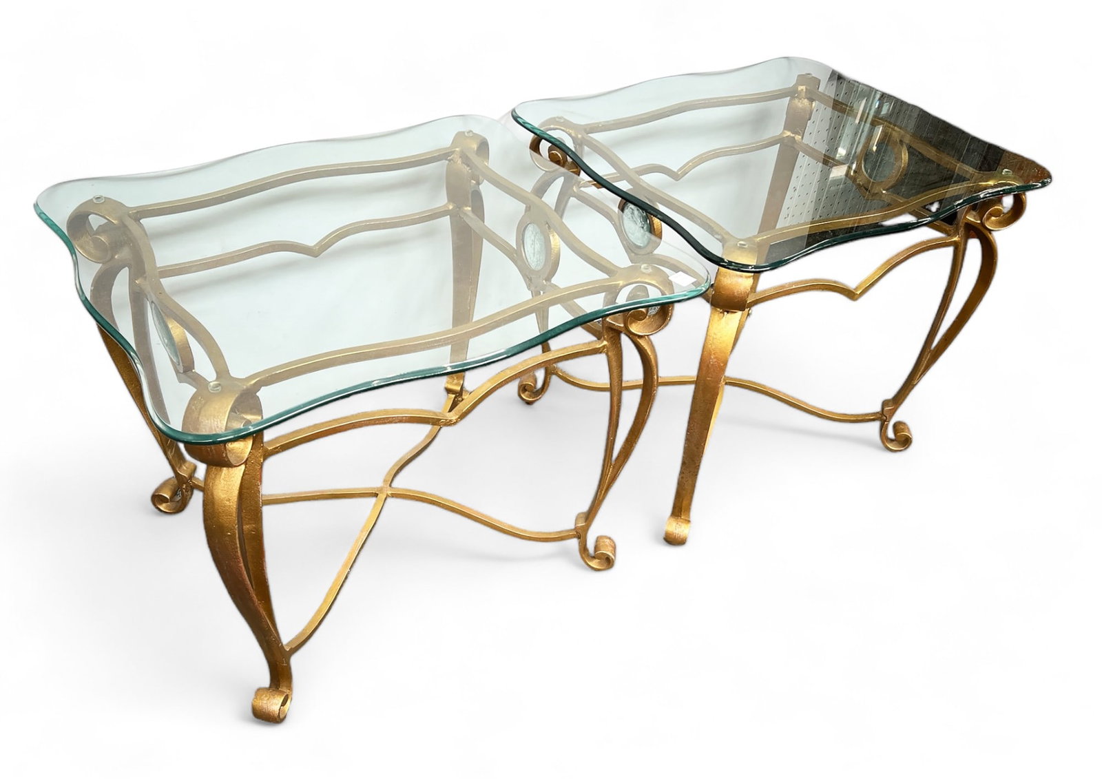 Pair of Tables w/ Bevelled Glass Tops.: These tables have gilded metal frames with scrolled feet. There is some paint loss and a few scratches. Overall, the tables look to be in good condition. Each table measures 26" x 22 1/2" x 22". Third