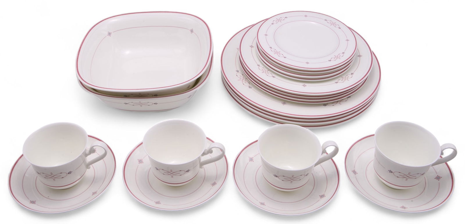 Villeroy & Boch "Aragon" Partial China Set.: It serves 4. The set consists of the following: 4 dinner plates, 4 salad plates, 4 bread and butter plates, 4 teacups, 4 saucers, 2 lidded tureens, and 2 square bowls. The lot looks to be in great con