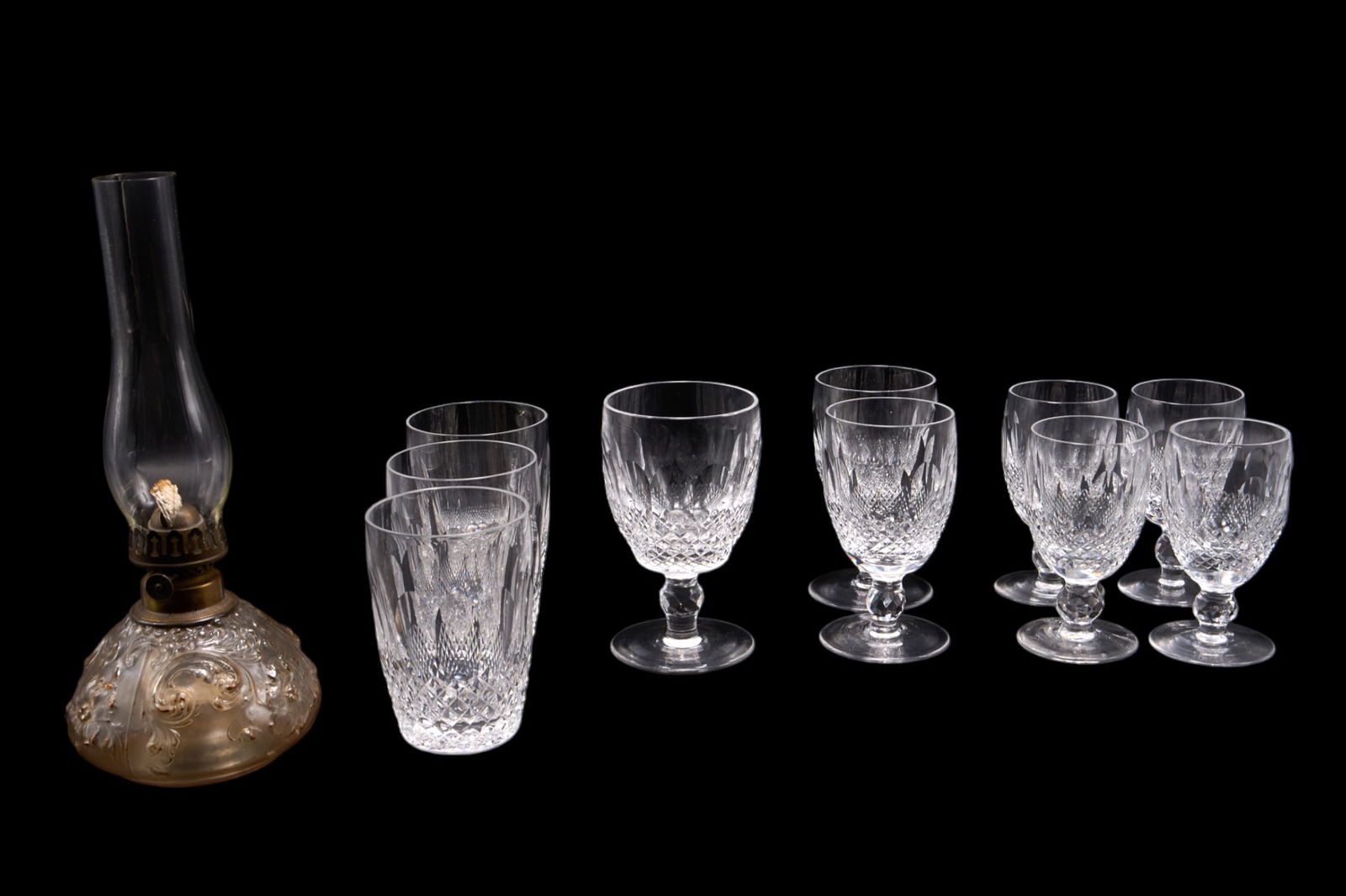 10 Waterford Cut Crystal Glasses & an Oil Lamp. (1 of 5)