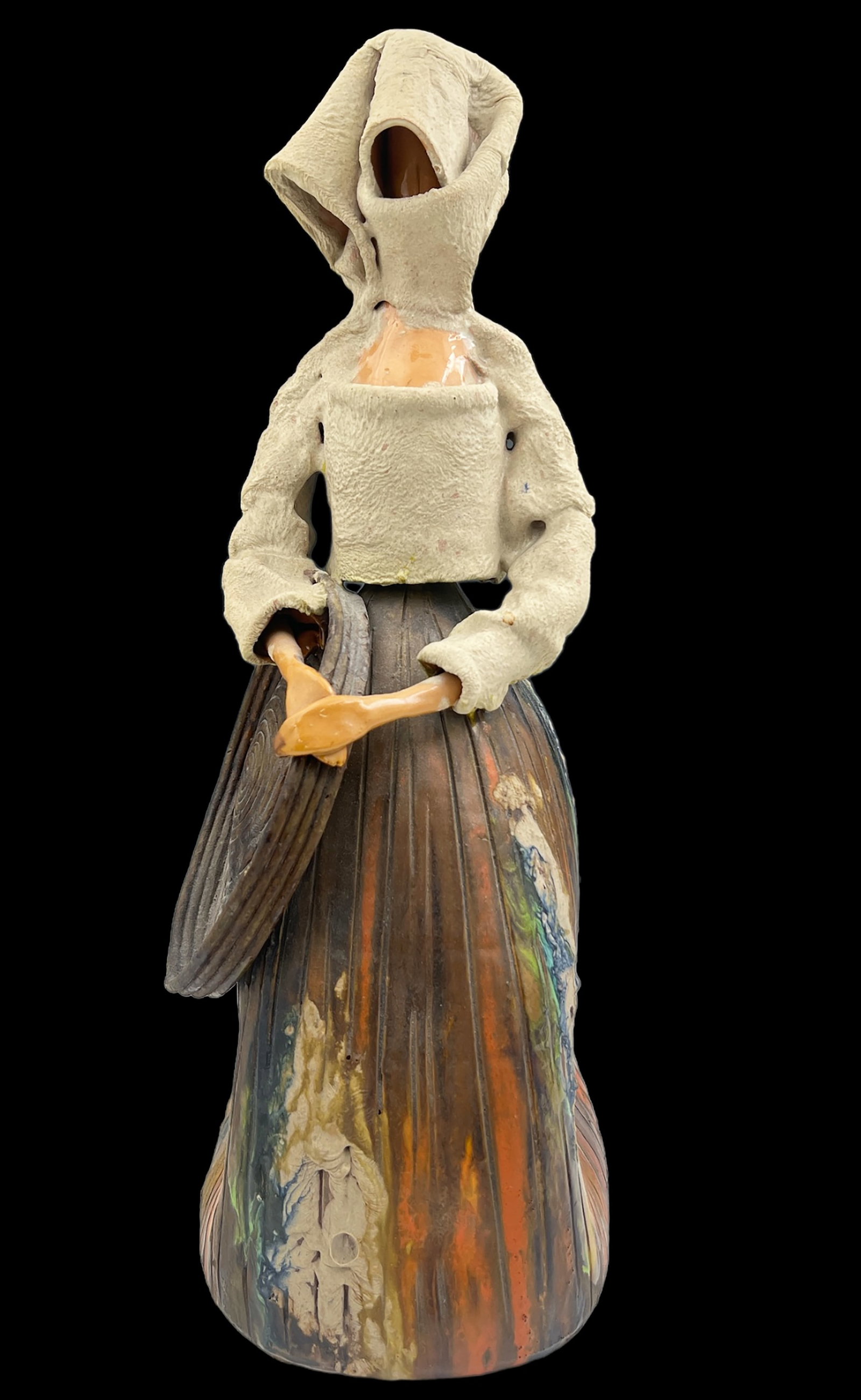 Mid Century Italian Folk Sculpture, Emilia Palomba: This ceramic sculpture by Emilia Palomba measures 18" x 9" x 6 1/2". It come with gallery information about the artist. No signature was found on the item. The piece may have a few small stains, and t