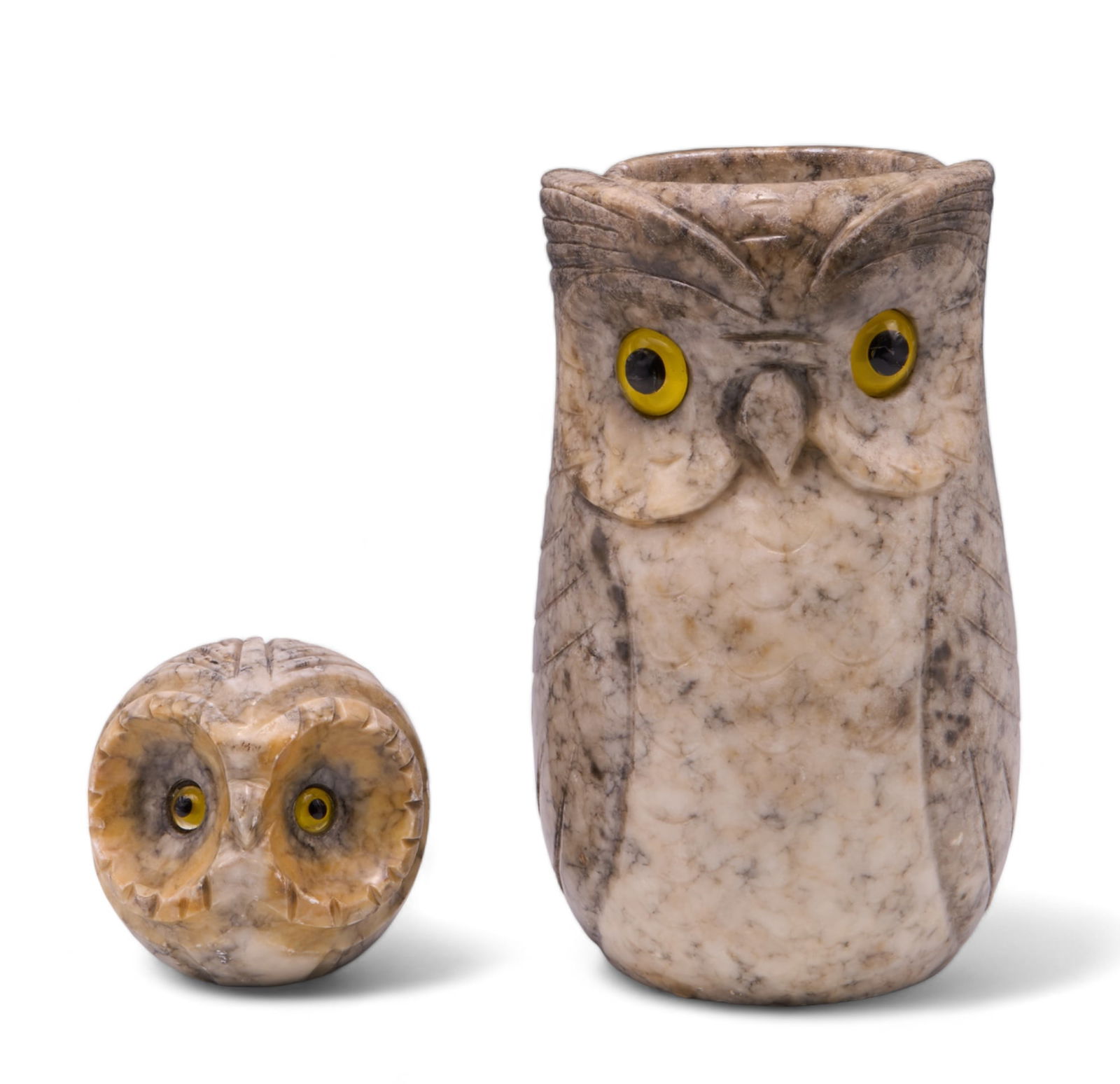 Lot of 2 Alabaster Owls- Vase & Paperweight.: The vase is by Bessi Volterra. The paperweight is made by Alabasterhaus. Both pieces have some scratches and small chips. Overall, they look to be in good condition. The vase is the larger piece, meas