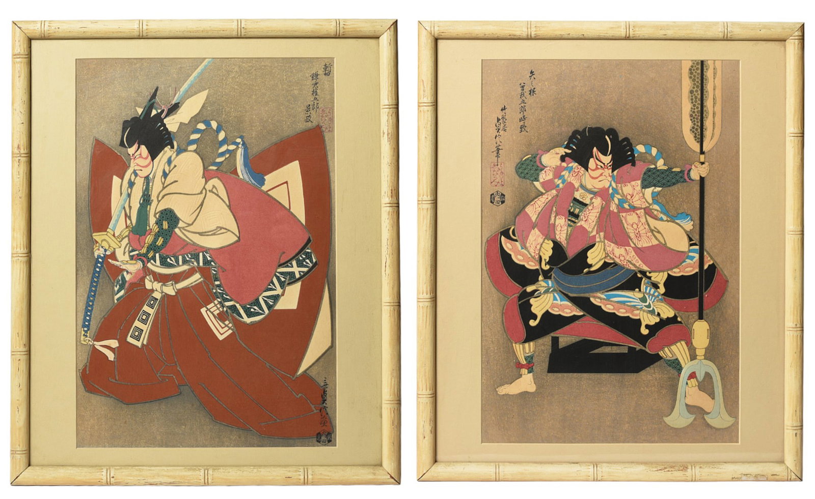 Lot of 2 Japanese Woodblock Prints of Warriors.: Both are by Sadanobu Hasegawa. They look to be older prints, and are in matching bamboo-like frames. Each print measures 15" x 10", with the frames measuring 18" x 15". The prints look to be in good o