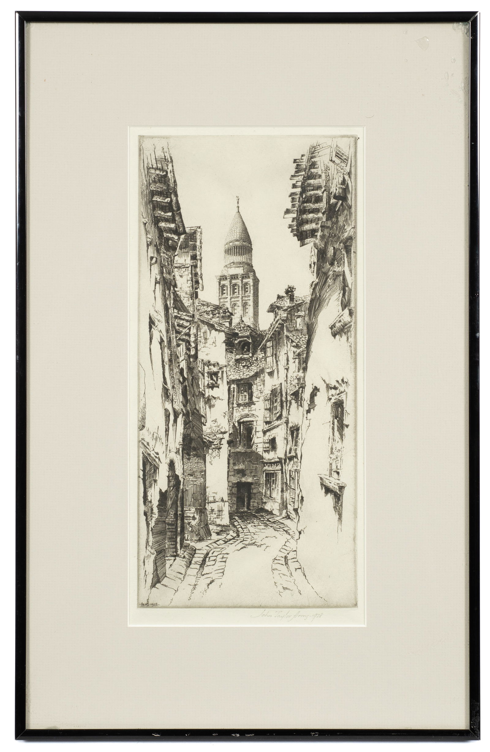 Tower of St. Front, Etching by John Taylor Arms.: John Taylor Arms (America, 1887-1953). This etching is pencil signed and signed in-print in its lower margin. It is dated from 1928. The work is housed in a simple black metal frame with a gray mat. T