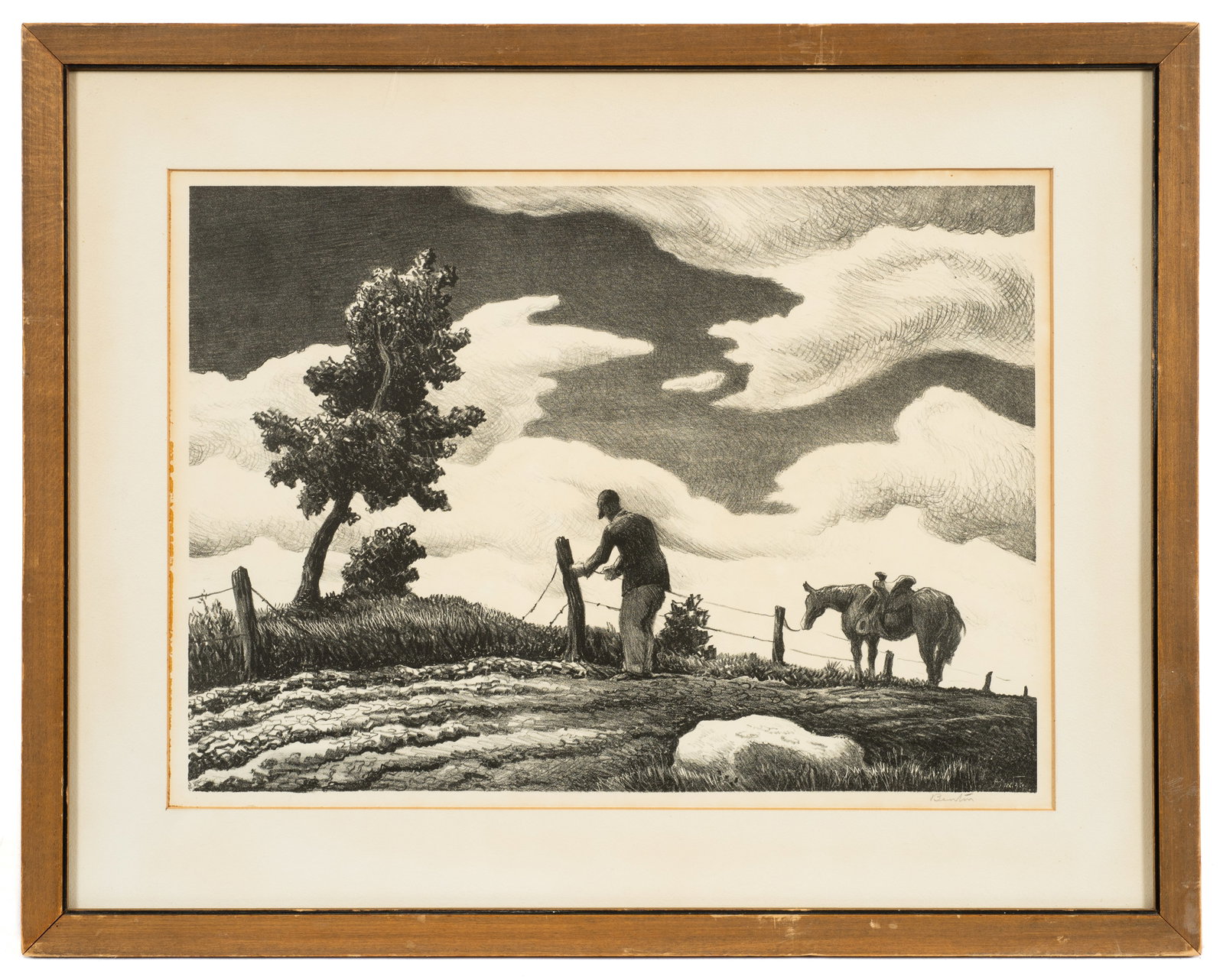 "The Fence Mender", Thomas Hart Benton.: Thomas Hart Benton (America, 1889-1975). This lithograph is pencil signed, "Benton", lower right. Attached en verso is an artist's summary from Associated American Artists. The work is housed in a sim