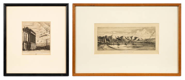 Lot of 2 Framed Charles Meryon Etchings.: Charles Meryon (France, 1821-1868). This lot contains two etchings: Le Ministere de la Marine ("The Admiralty"), published by Cadart & Luquet; and New Zealand - Presqu'ile de Banks, Pointe des Charbon