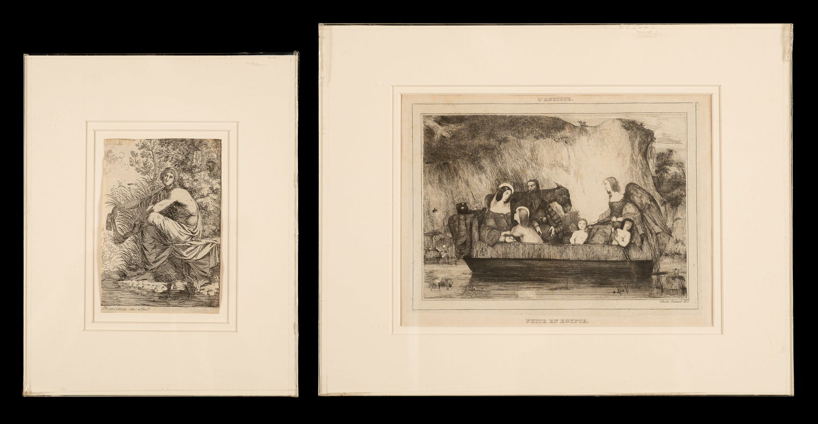 Lot of Two Etchings - Nanteuil & Runciman.: This lot contains "Flight from Egypt", an 1833 etching by Celestin Nanteuil (France / Italy, 1813-1873), and an etching of Musidora by Alexander Runciman (Scotland, 1736-1785). Both are housed behind