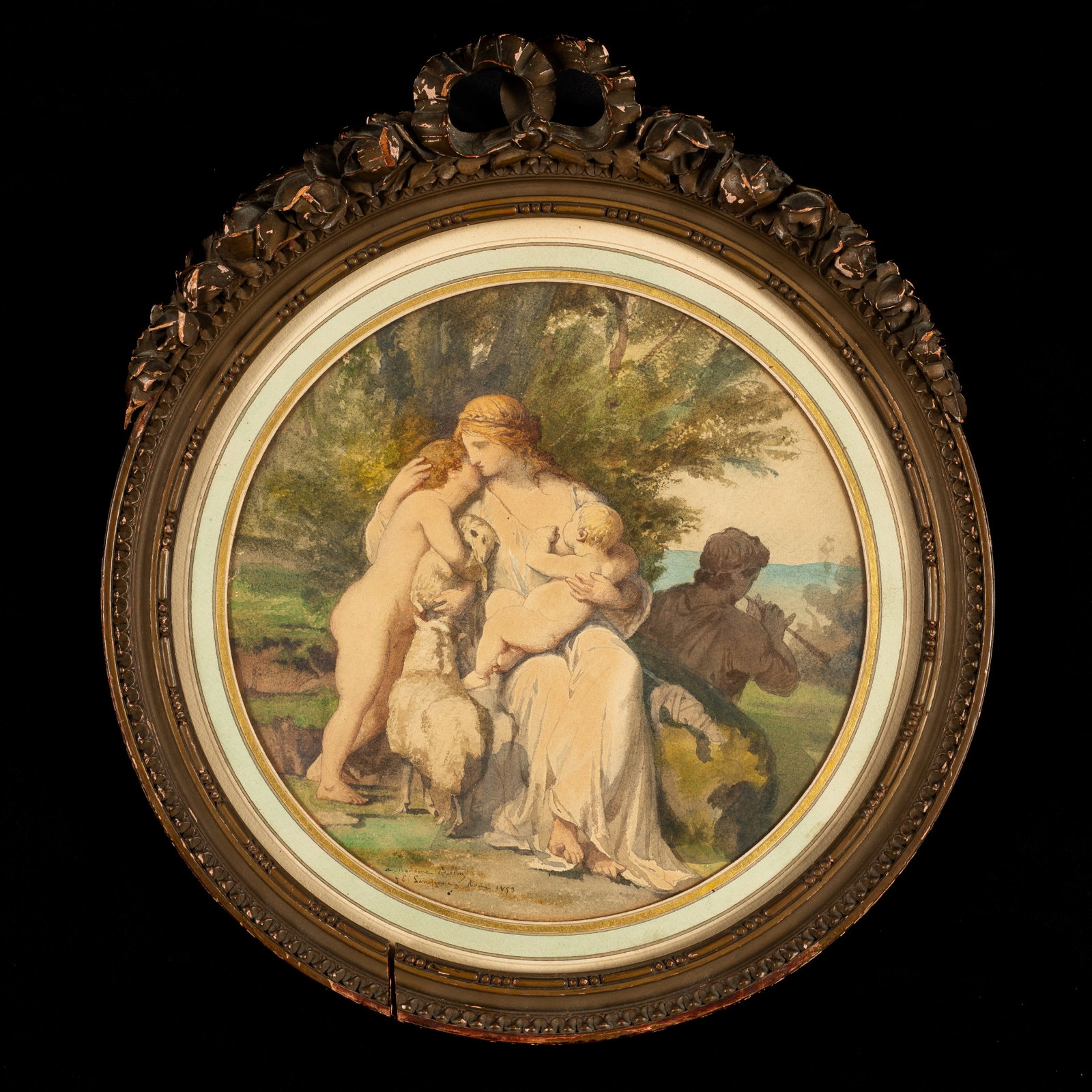 Antique Signed Neoclassical Watercolor Painting.: This19th century watercolor painting is signed lower left. The inscription approximately reads, "a Madame Belley / J. E. Lengman, Rome 1893". It depicts a woman embracing two children, with a man play