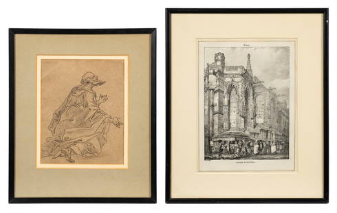 Lot of 2 Works - Richard Bonington, etc.: This lot contains two pieces of artwork: an unsigned ink composition of a kneeling man, and a Richard Parkes Bonington lithograph of the Church of St. Sauveur. The label on the back of the ink work de