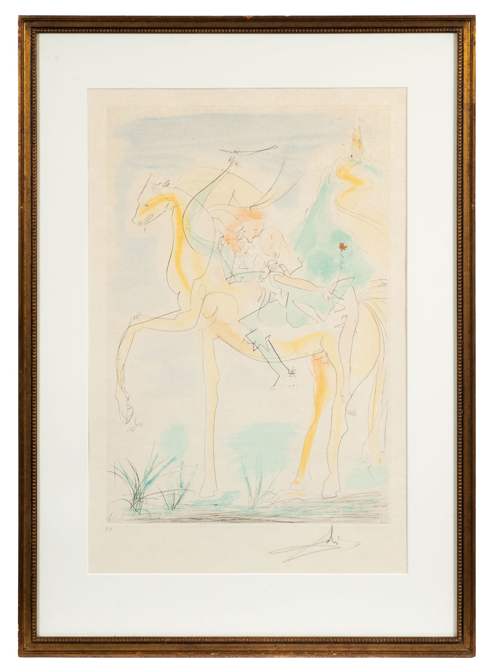 Couple on Horseback, After Salvador Dali.: Salvador Dali (Spanish, 1904-1989). This artist's proof etching is pencil signed, lower right. "Couple a Cheval". It is from the Hommage a Albrecht Durer suite. The work comes with a 1976 certificate