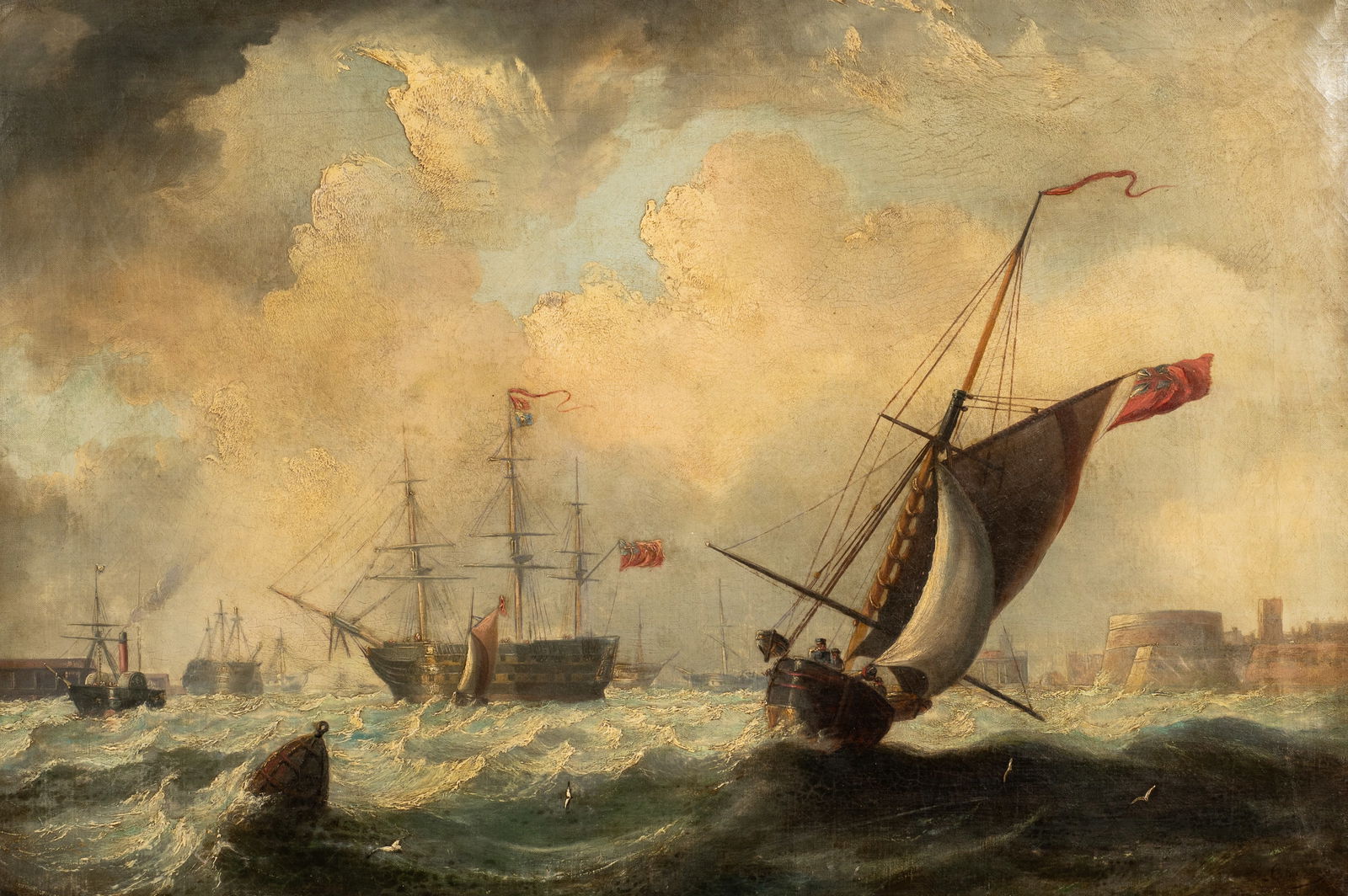 Large Old Signed Antique Maritime Painting. (1 of 6)