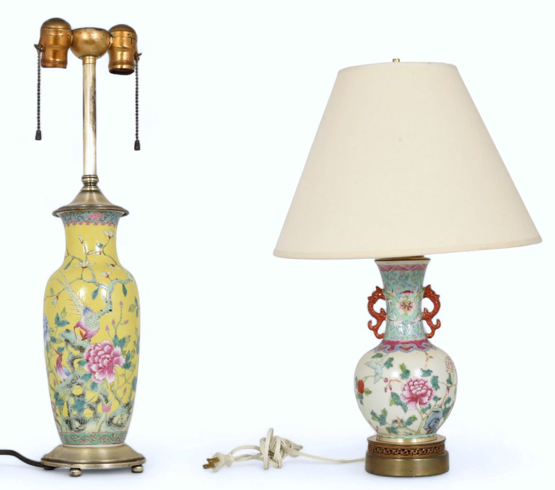 Lot of 2 Chinese Famille Rose Porcelain Lamps.: One of the lamps has its metal top covering missing, otherwise they are in good overall condition. They measure 21" and 21 1/2" tall from base to finial. In-house shipping is available. Please see our