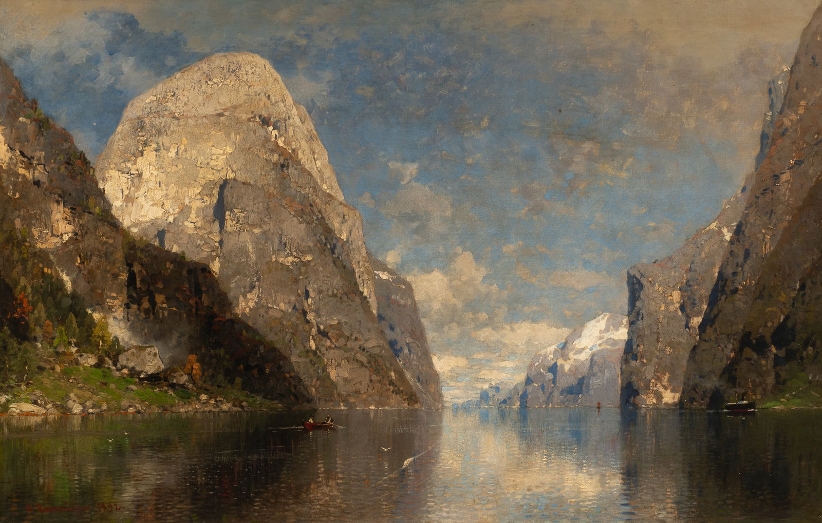 Fjord Landscape, Georg Anton Rasmussen.: Georg Anton Rasmussen (Norway, 1842-1914). This oil painting on canvas is signed "Rasmussen, 1892", lower left. The work is housed in a scuffed, white-washed gilt frame. There is a dent with missing p