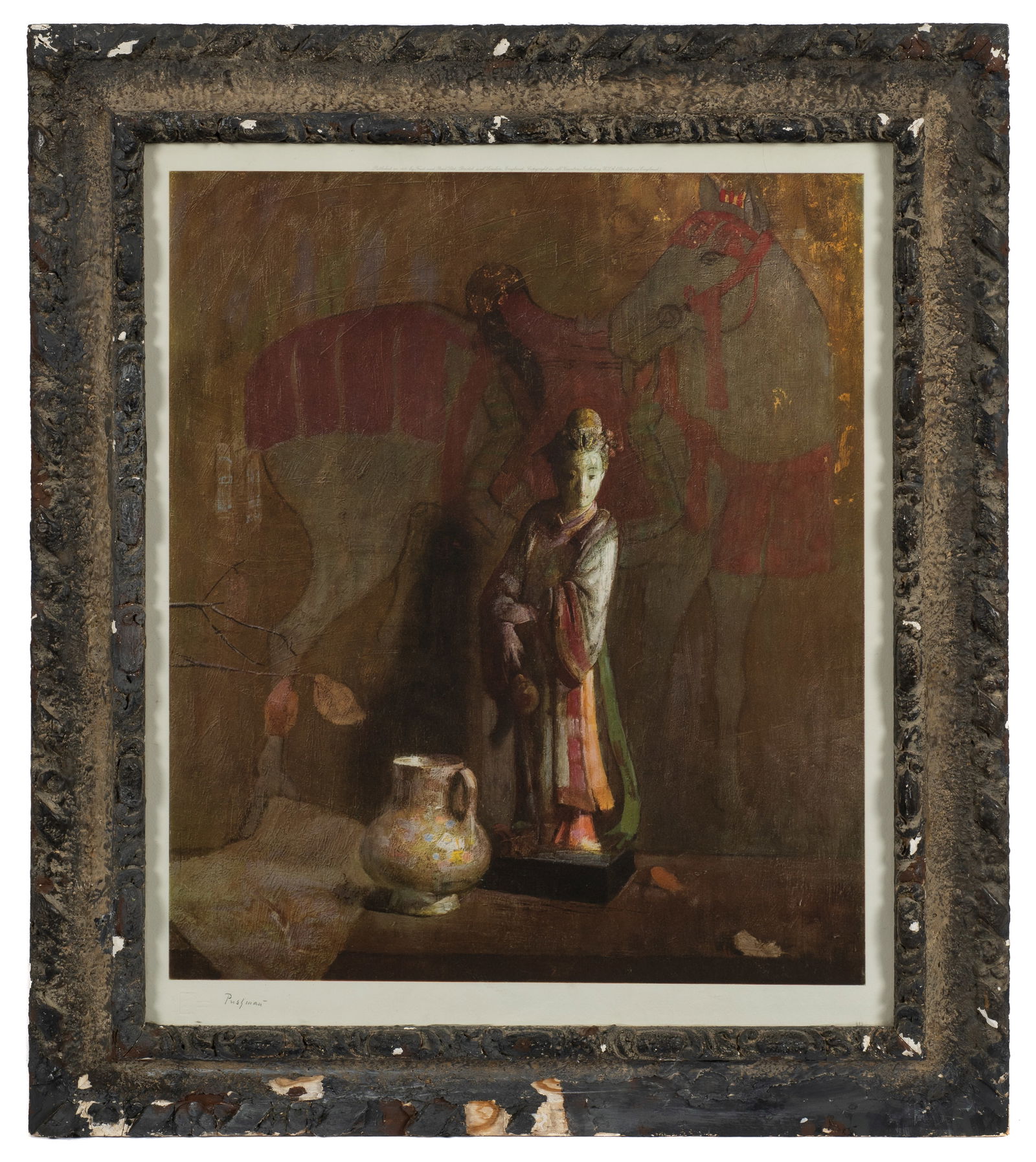 "Waiting", Sgd. Lithograph Signed Hovsep Pushman.: Hovsep Pushman (Armenia / America, 1877-1966). This color lithograph is pencil signed lower left. It was Published in 1959 by Frost & Reed, Ltd. - The work is housed in a black textured frame. The fra