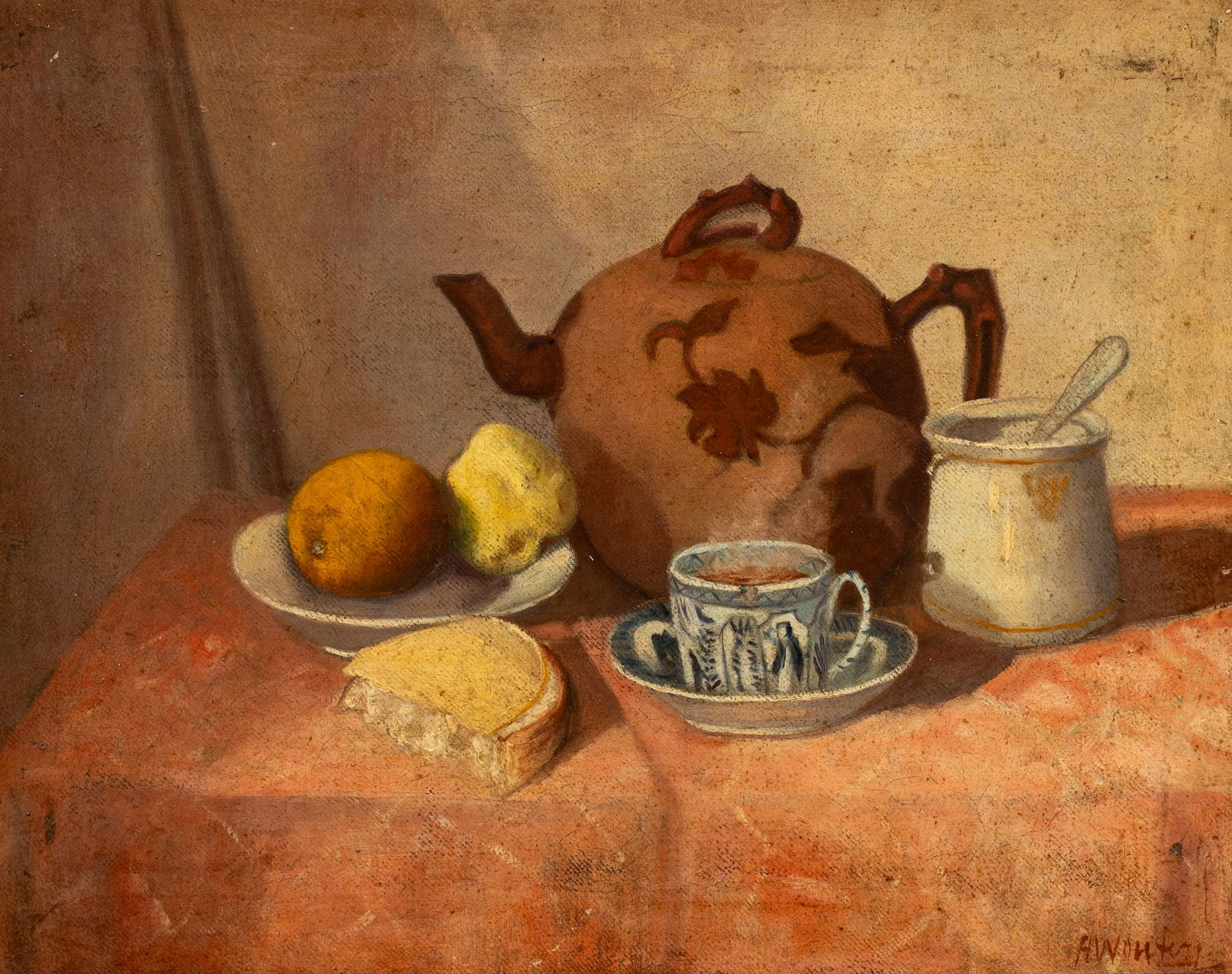 Signed Antique Still Life Painting.: This oil painting on canvas is signed "A. Wouter", lower right. It depicts an assortment of fruits and cheese next to a tea set. The work is housed in an ornate perforated gilt frame. The painting has