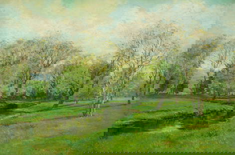 Landscape Painting by Olive Parker Black.: Olive Parker Black (America, 1868-1948). This oil painting on canvas is signed "Olive P. Black", lower right. It depicts a creek running through a lush copse of trees. The work is housed behind glass