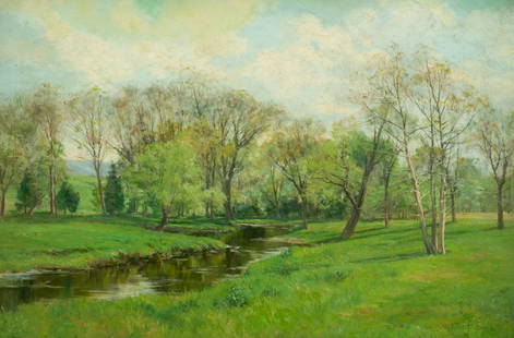 Landscape Painting by Olive Parker Black.: Olive Parker Black (America, 1868-1948). This oil painting on canvas is signed "Olive P. Black", lower right. It depicts a creek running through a lush copse of trees. The work is housed behind glass