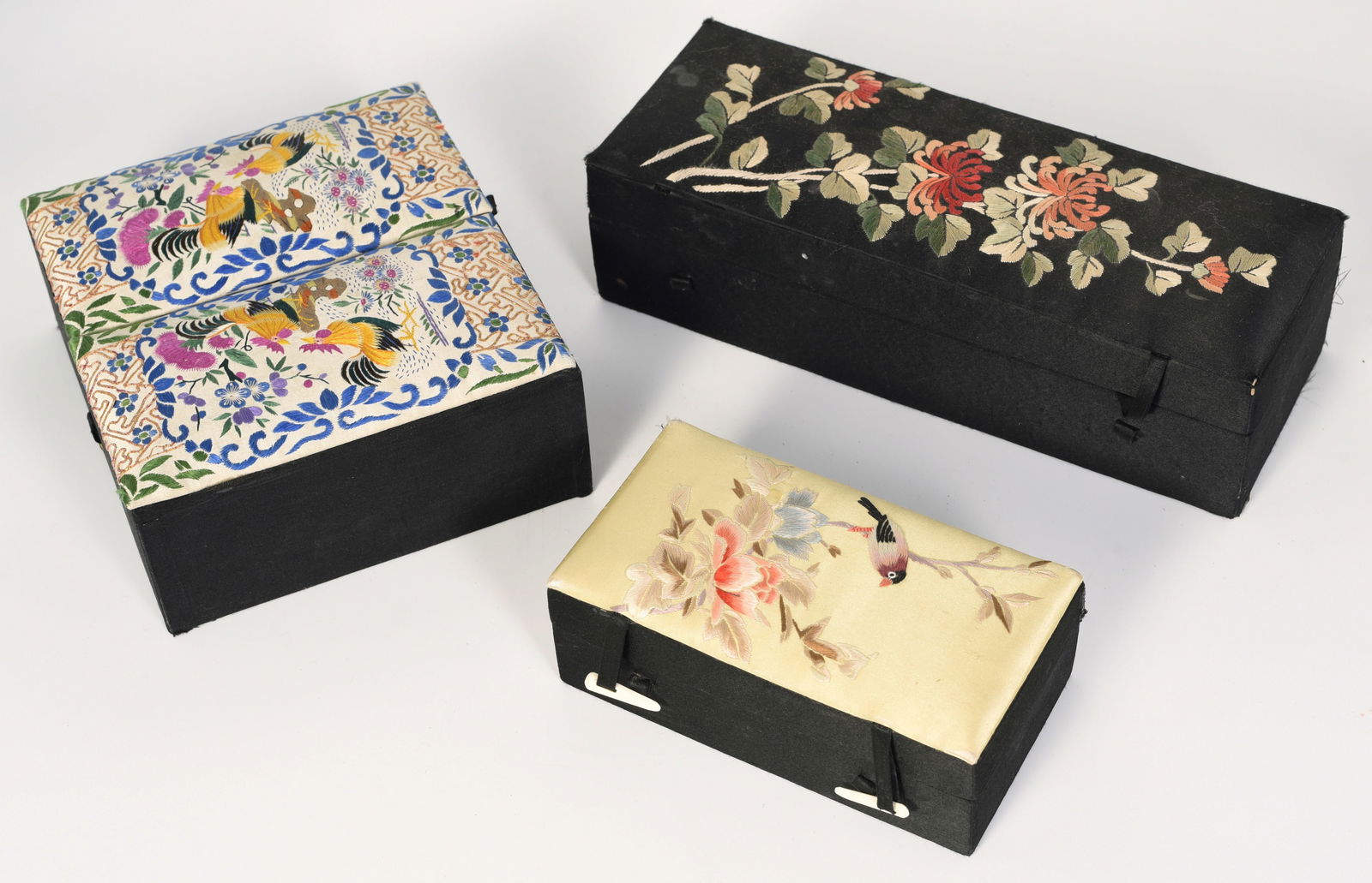 Lot of 3 Chinese Boxes w/ Silk Embroidered Designs (1 of 2)
