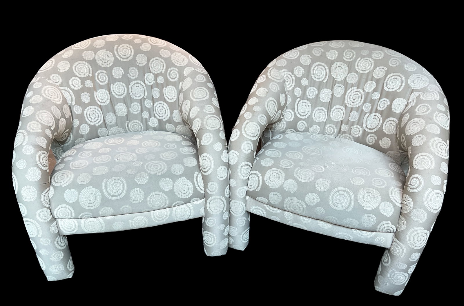 Pair of Sculptural Lounge Chairs.: This is a pair of unsigned Weiman sculptural lounge chairs in the style of Vladimir Kagan. The chairs have a brown and gray fabric in a swirl pattern. There are some worn and dirt spots, but they are 
