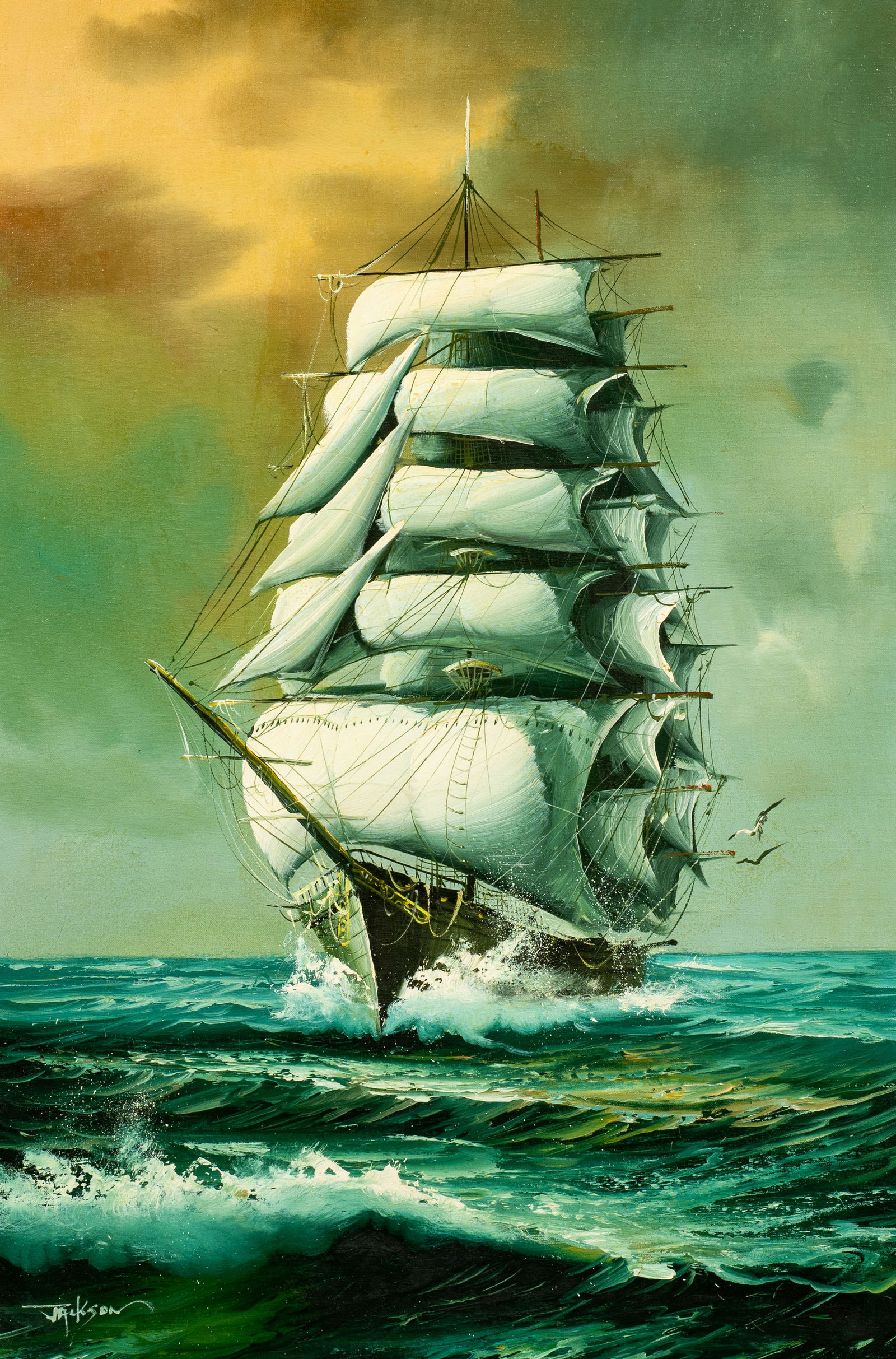 Maritime Painting by Hewitt Jackson.: Hewitt R. Jackson (America, 1914-2007). This oil painting on canvas is signed lower left. The work is housed in a copper-tone frame with a fabric border. The work appears to have patches of varnish di