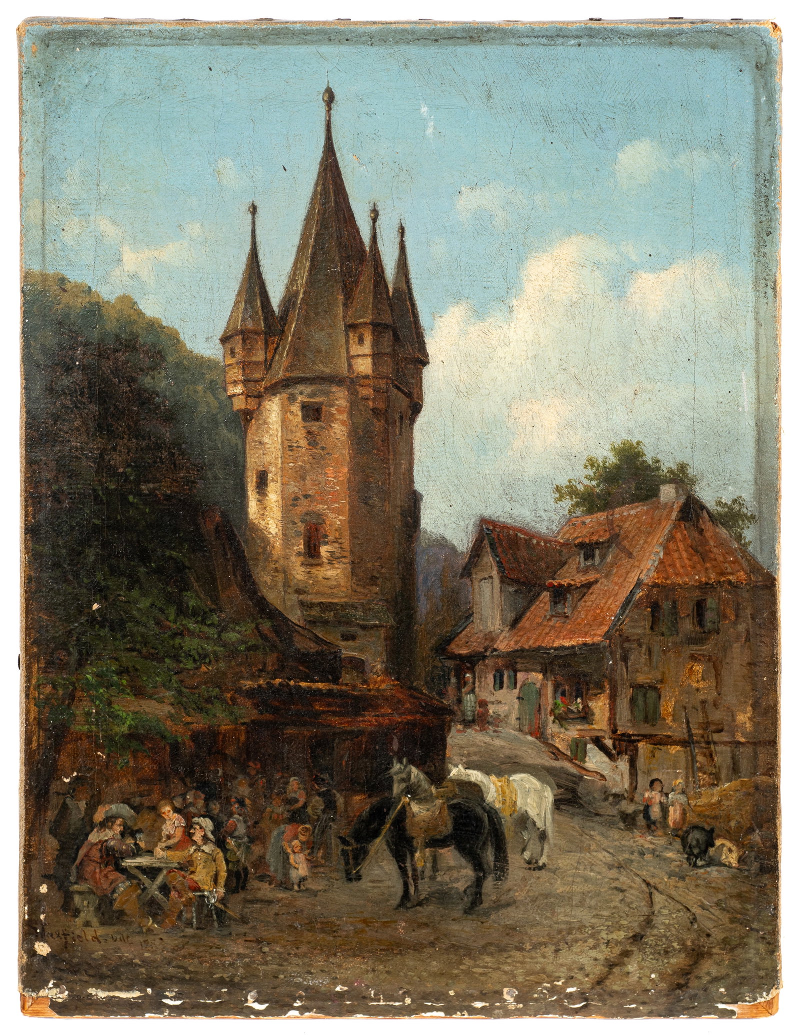 Antique Village Scene Painting Sgd. Maxfield.: This unframed oil painting on canvas is signed "Maxfield, 1883", lower left. It depicts a Medieval style village. The painting has craquelure, discoloration, and significant damage to its lower margin