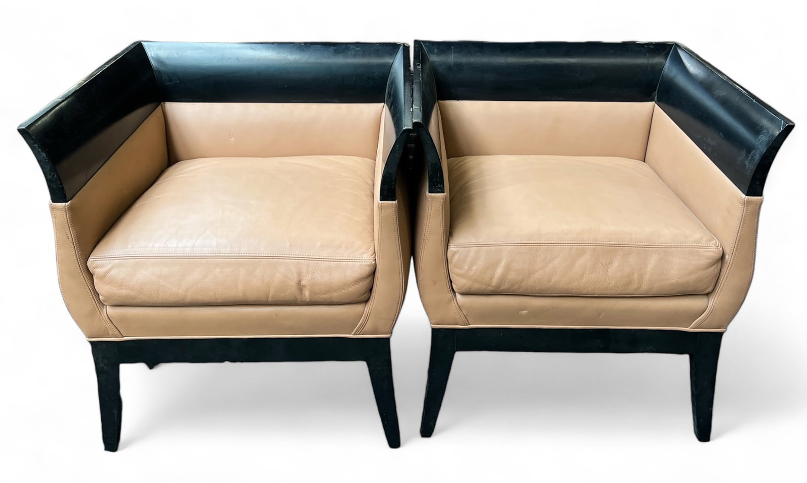 Pair of Unsigned Vignelli Leather Lounge Chairs.: These chairs have black frames. One of the chairs has a broken piece missing from the backrest (see photo). There are some minor scratches and indentations, but they are in overall good condition. Eac