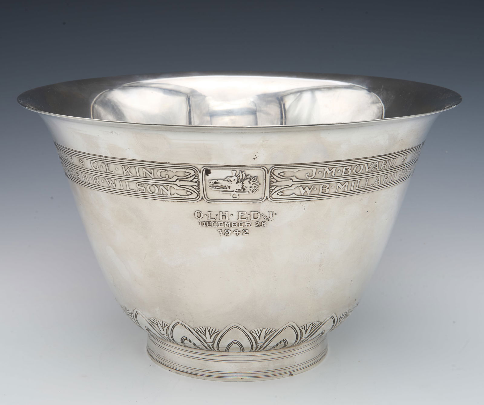 Tiffany & Co Sterling Bowl - Wolf's Head Society.: This bowl is stamped, "Tiffany & Co 20383 A Makers 42660 Sterling Silver 925-1000 m". The "m" refers to the John C. Moore period with the company. The bowl is dated 1942, and bears the emblem of Yale