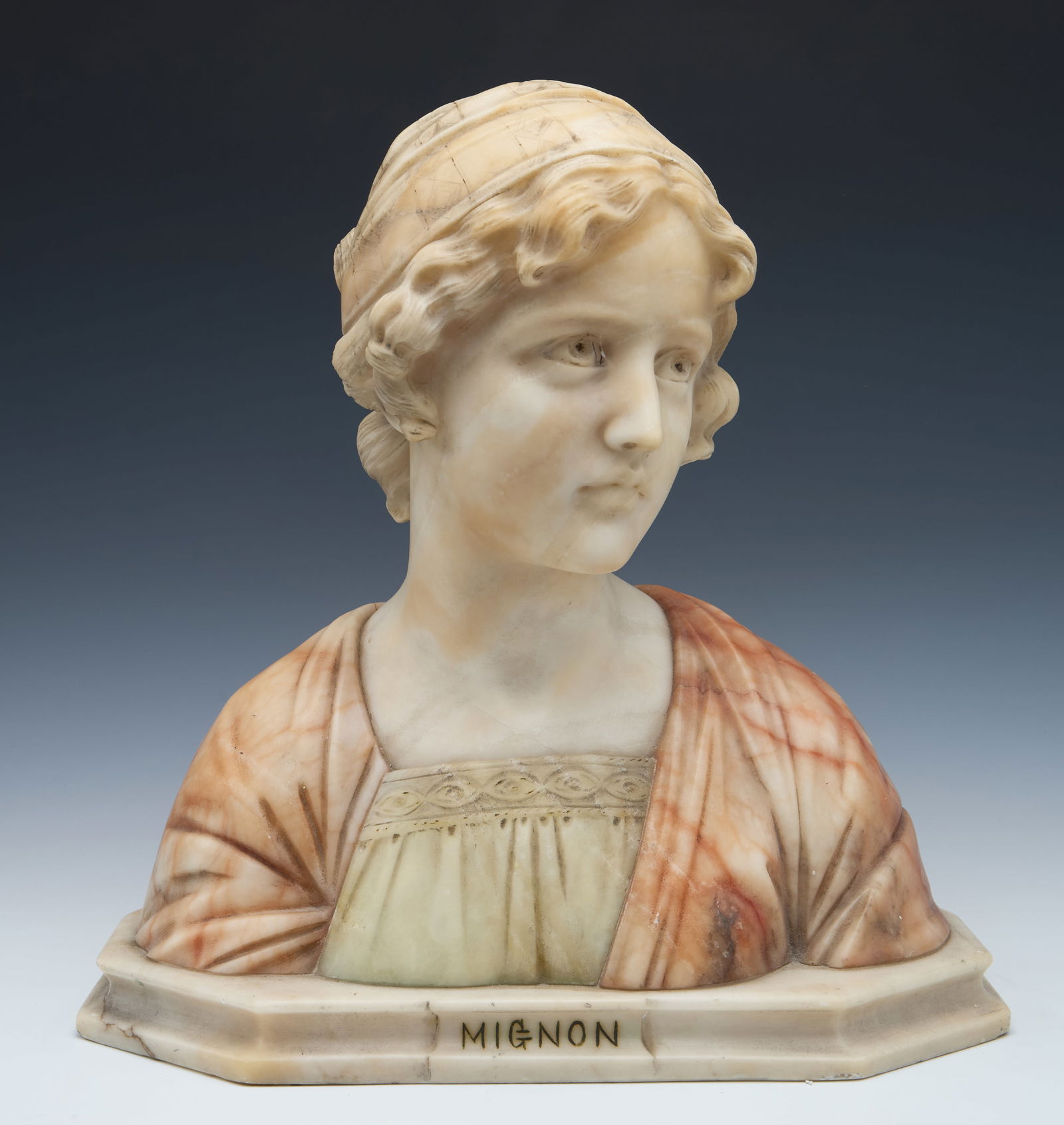 "Mignon" Alabaster and Marble Bust Signed Bessi. (1 of 10)