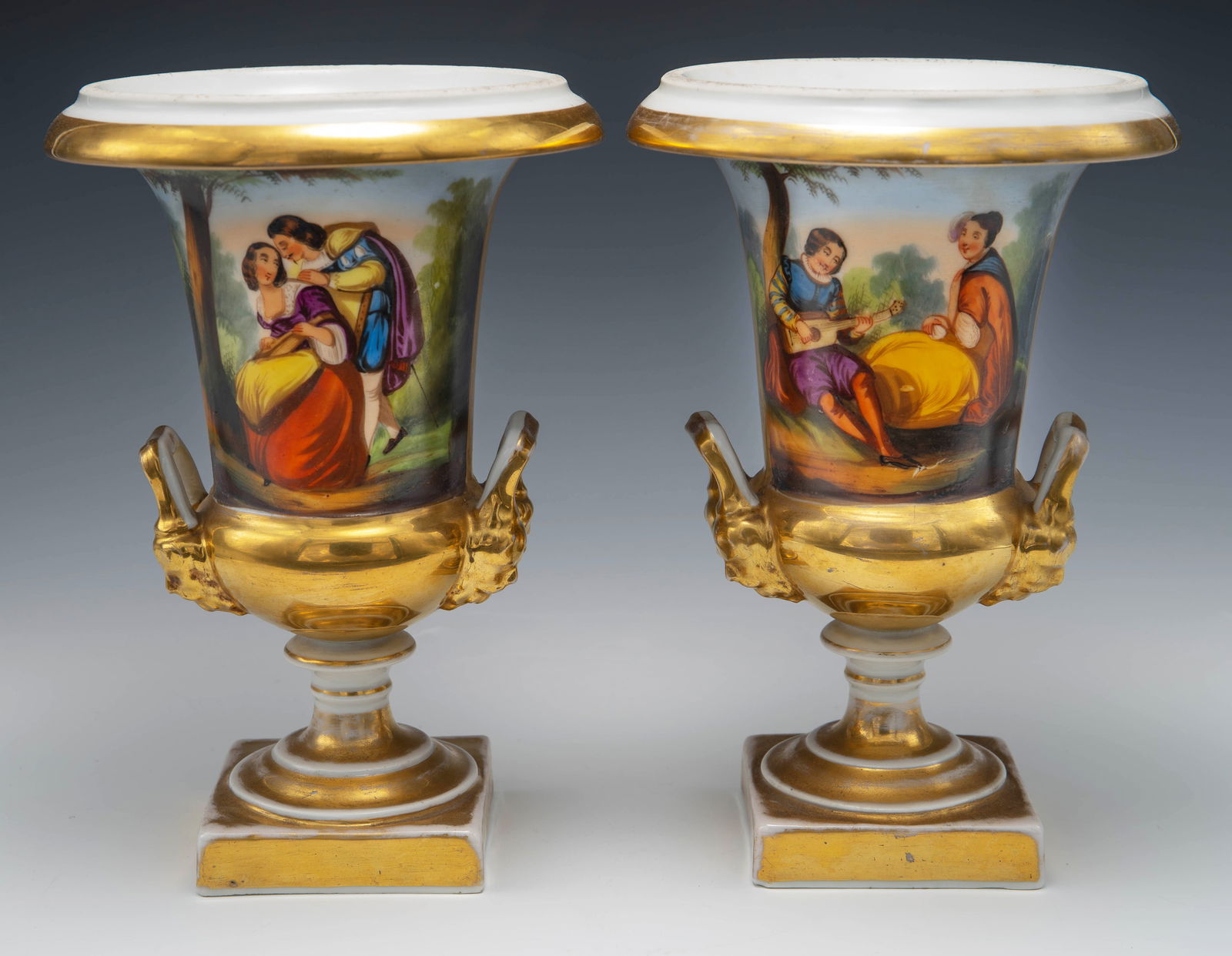 Pair Antique French Empire Porcelain Gilded Urns. (1 of 5)