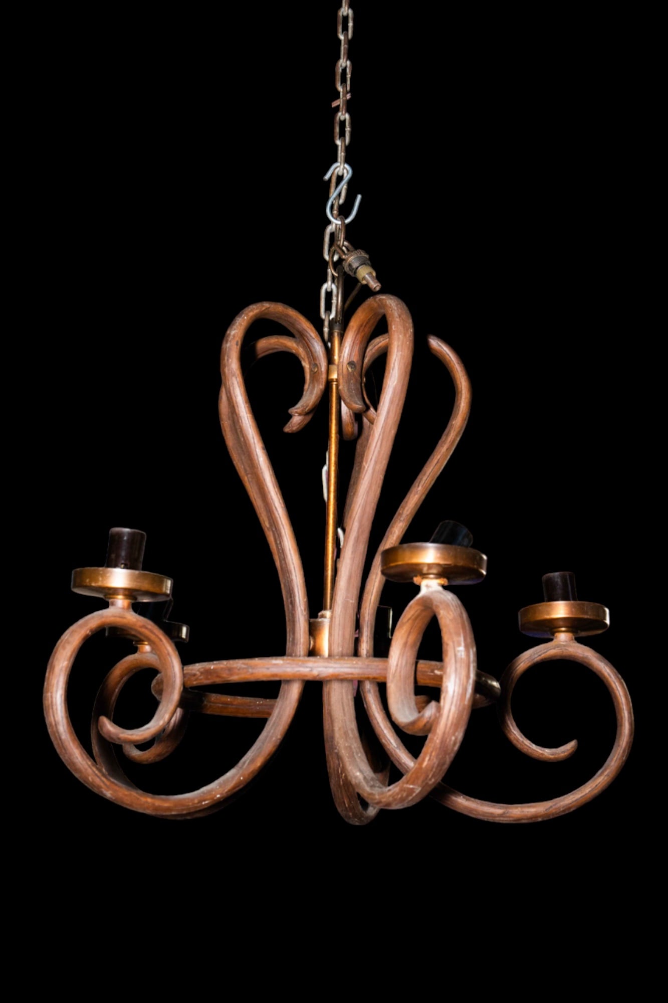 5-Arm Thonet ? Bentwood Chandelier.: This dark bentwood chandelier measures 26 1/2" long and 22" in diameter. It has some scratches and grooves, and could use a good cleaning and polishing. It is overall in good condition. In-house shipp
