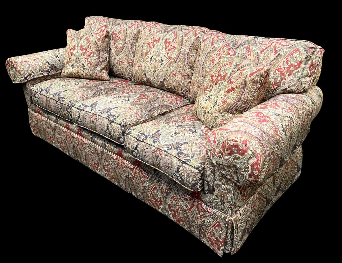 Sherrill Upholstered Sofa.: This upholstered sofa has a floral design, and is made in the USA by Sherrill. The seat cushions are removable, but the back cushions are sewn on. It comes with two matching throw pillows and two matc