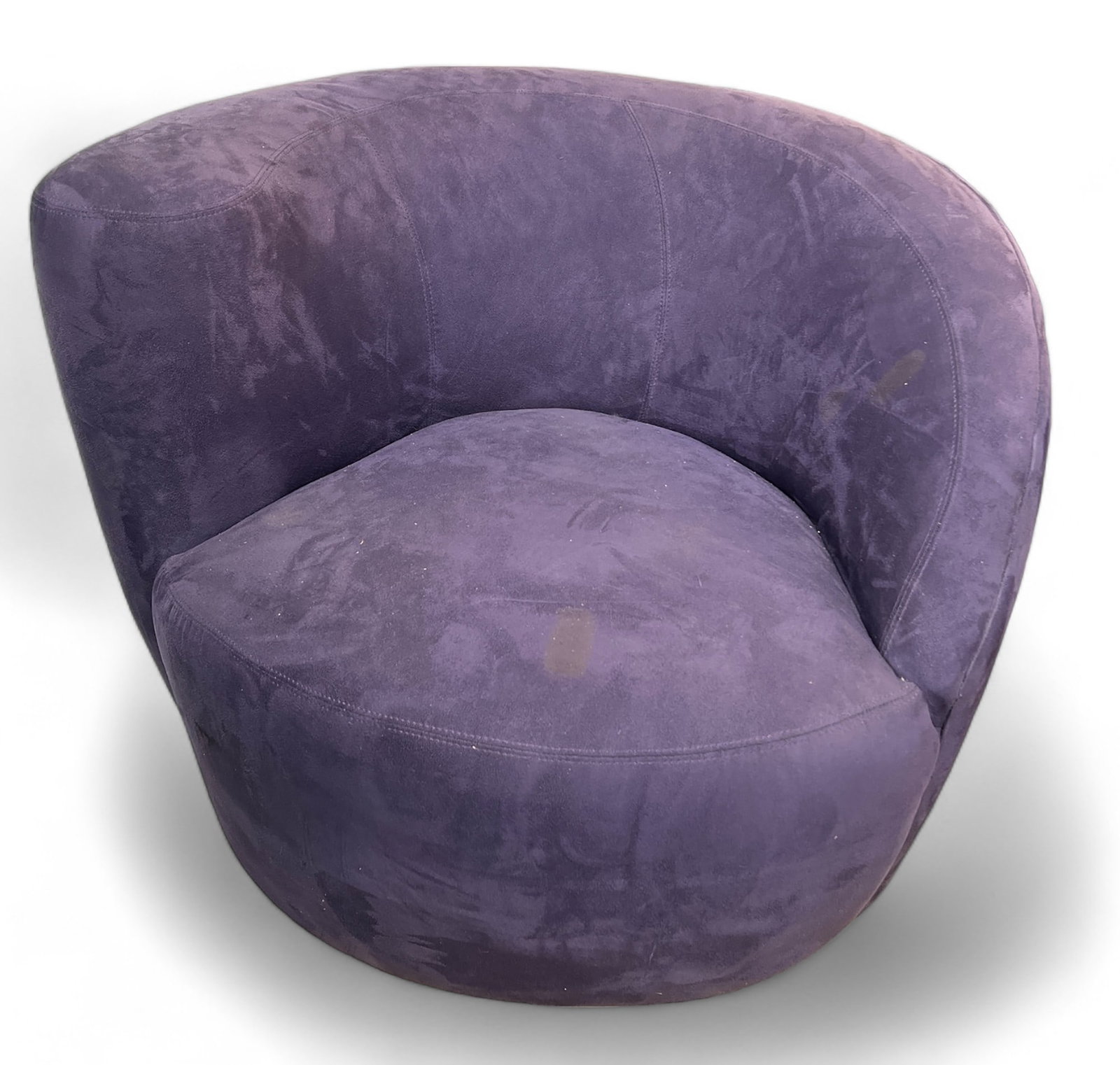 Vladimir Kagan Style Nautilus Chair.: This purple upholstered chair sits on a swivel base. The upholstery has a few dirt marks, and needs a good cleaning. It measures 37" wide, 37" deep, and 27" tall. Third-party freight shipping or perso